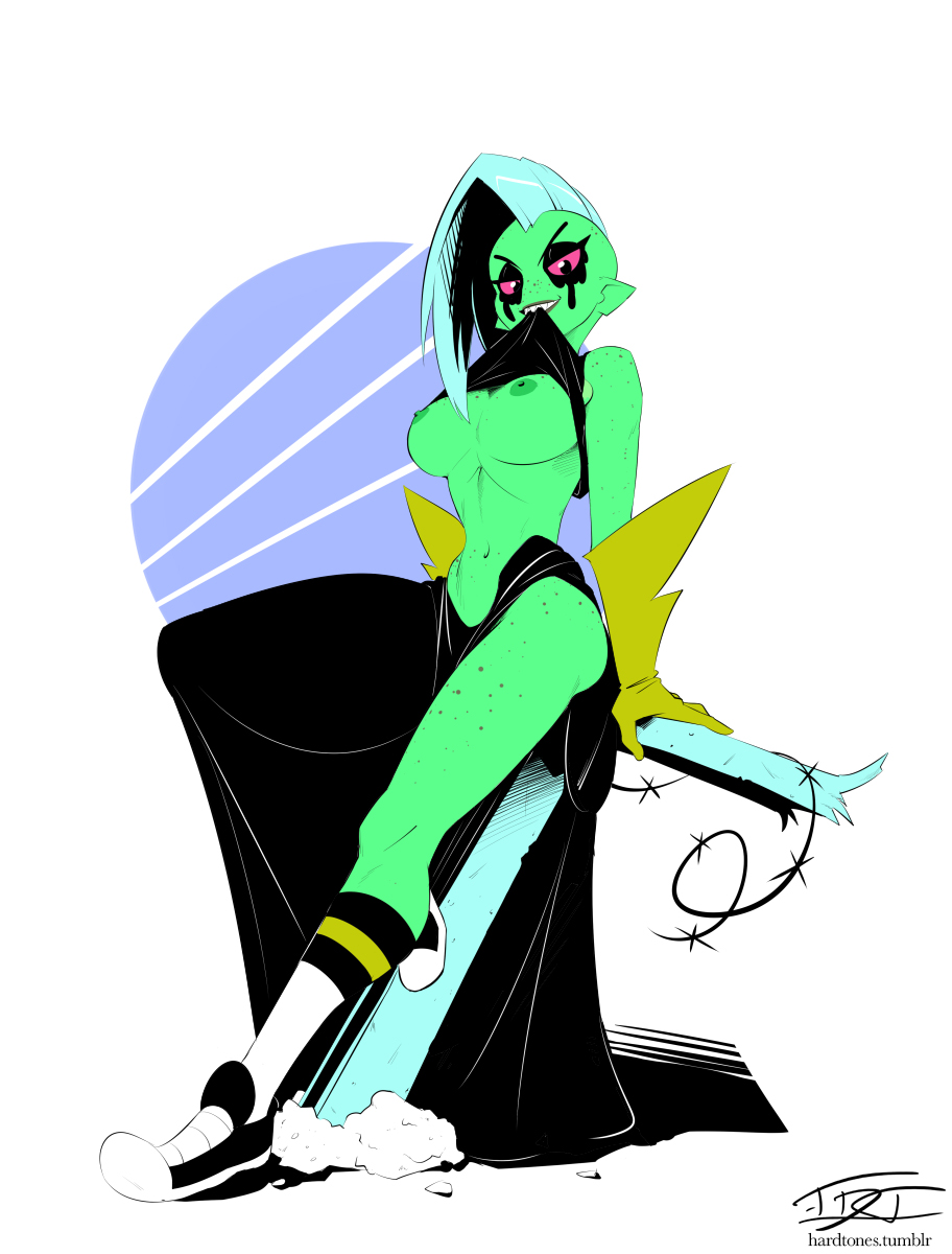alien, alien girl, areolae, black eyes, breasts, disney, disney channel, disney xd, female, female only, freckles, gloves, green skin, hardtones, large breasts, long hair, long skirt, looking at viewer, lord dominator, mouth hold, navel, nipples, no bra, perky breasts, pink sclera, pointy ears, shirt lift, side slit, silver hair, skirt, sneakers, socks, solo, villainess, wander over yonder, white background