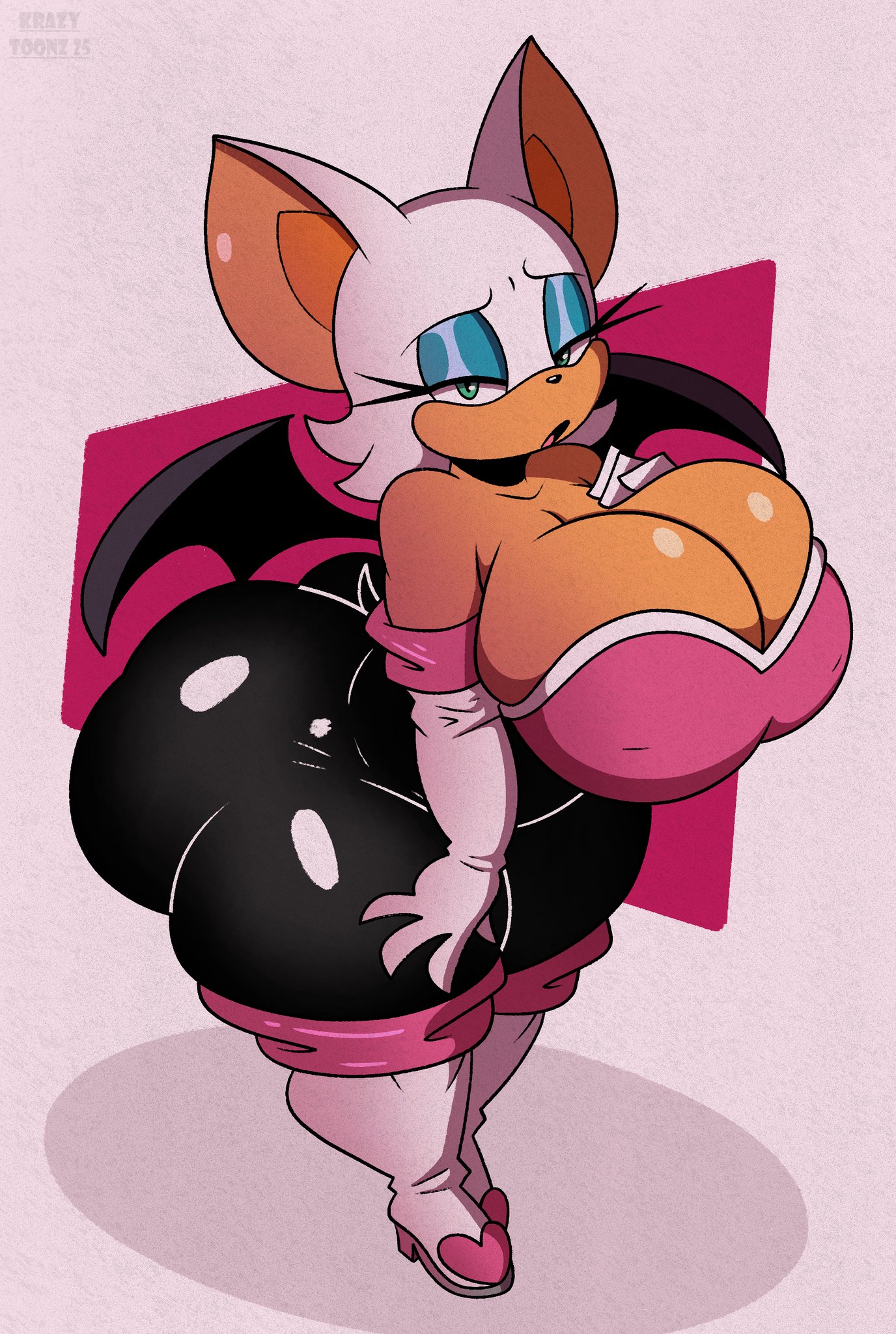 1girls, 2025, 2d, 2d (artwork), 2d artwork, ass, barely contained, barely contained breasts, bat, bat wings, big ass, big breasts, big thighs, bodysuit, breasts, clothed, clothing, curvaceous, curvaceous female, curvy, curvy body, curvy figure, curvy hips, enormous ass, eyelashes, fat ass, female, female focus, female only, furry, giant ass, giant breasts, gigantic ass, gigantic breasts, gigantic thighs, glistening, glistening ass, glistening body, glistening breasts, glistening skin, green eyes, hand on breast, hand on hip, heel boots, heels, huge ass, huge breasts, huge thighs, hyper, hyper ass, krazytoonz, large ass, large breasts, large ears, large thighs, looking at viewer, make up, makeup, mouth, mouth open, open mouth, plump, plump ass, plump thighs, rouge the bat, sega, shiny ass, shiny breasts, shiny hair, shiny skin, short hair, solo, solo female, solo focus, sonic (series), sonic the hedgehog (series), staring, staring at viewer, tail, thick thighs, thighs, wobble, wobbling ass