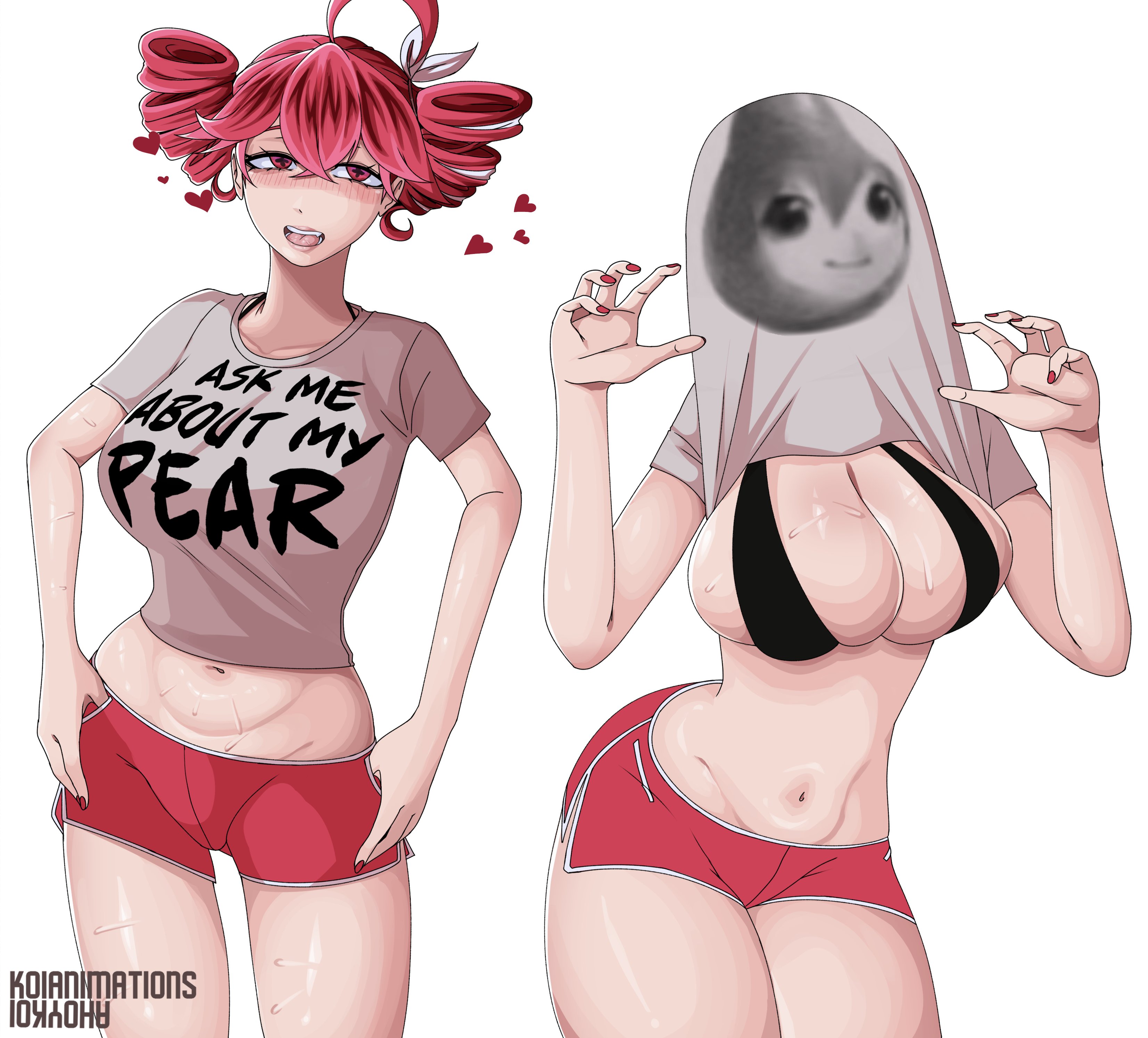 1girls, ahoge, ahoykoi, arched back, belly, big breasts, big thighs, breasts, breasts bigger than head, curvaceous, curvy, curvy female, curvy figure, dolphin shorts, exposed belly, female, female only, flashing, flashing breasts, grey shirt, hair ornament, hairbow, heart, hearts around head, huge breasts, kasane teto, kasane teto (sv), koianimations, large breasts, large thighs, lips, massive breasts, meme, nail polish, navel, open mouth, painted nails, pearto, plump, plump breasts, plump thighs, red eyes, red hair, red nails, shirt, short shorts, shorts, simple background, skindentation, slim waist, solo, solo female, sticking ass out, sweat, sweating, sweaty breasts, synthesizer v, thick thighs, thighs, top heavy, twin drills, utau, voluptuous, voluptuous female, white background, wide hips