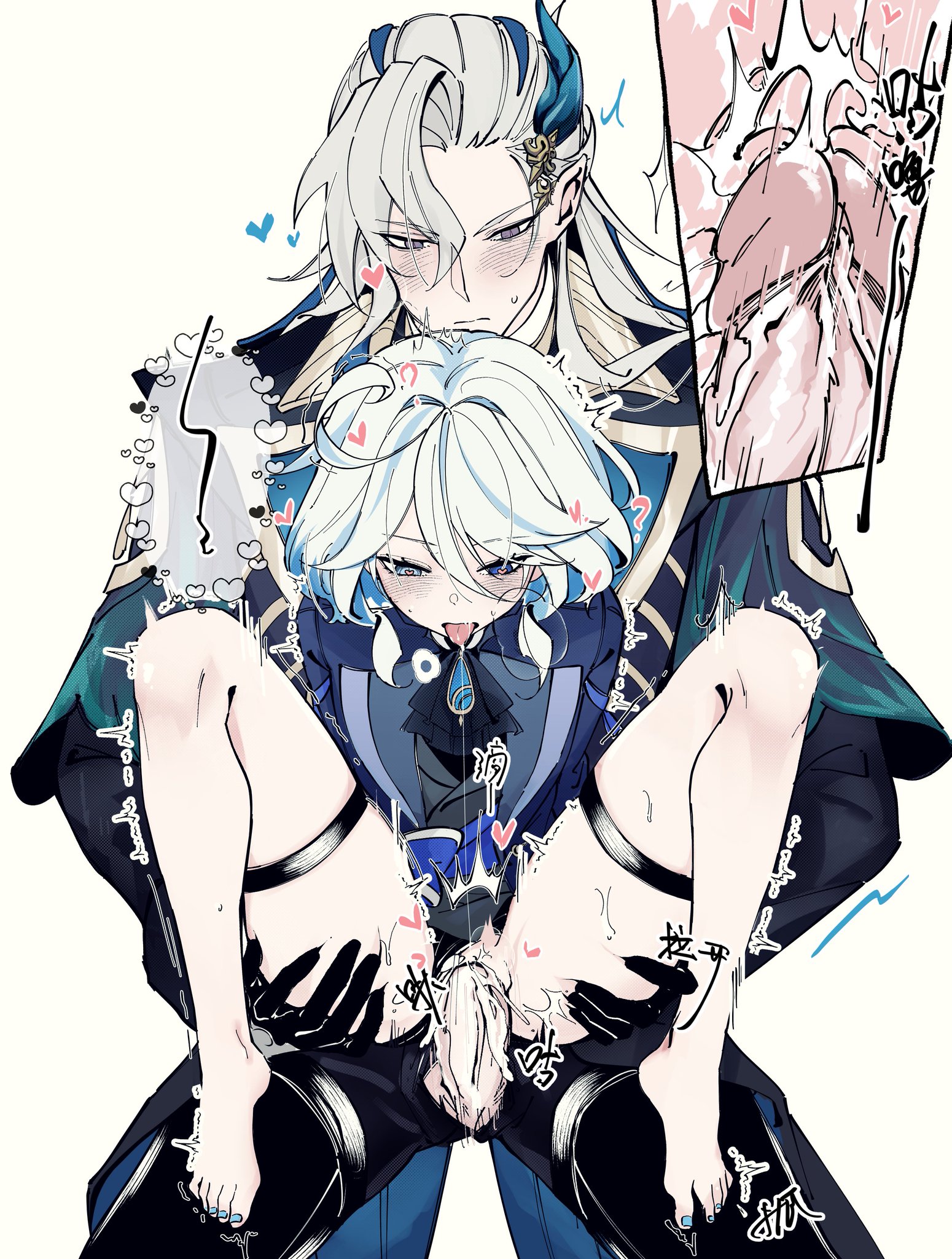 1boy, 1boy1girl, 1boys, 1girl, 1girls, ahoge, bare thighs, barefoot, blue eyes, blue hair, blue nail polish, blush, bodily fluids, bodily fluids in pussy, bottomless female, carrying, carrying partner, clothed sex, cum in pussy, cum inside, duo, feet, female, fucked senseless, fucked silly, furina (genshin impact), genshin impact, heart, heart eyes, heart-shaped pupils, heterochromia, highres, horny female, internal view, legs, legs spread, lifting partner, lifting person, light blue hair, long-haired male, looking pleasured, m legs, male, male penetrating female, mapopopo333, motion lines, multicolored hair, nakadashi, neuvillette (genshin impact), orgasm, orgasm face, penis, penis in pussy, petite, pleasure face, pointy ears, purple eyes, pussy, question mark, raw sex, reverse suspended congress, saliva, saliva string, saliva trail, sex, short-haired female, silver hair, size difference, smaller female, stand and carry position, streaked hair, sweat, taller male, thick thighs, thigh grab, thigh strap, thighs, tongue out, tremble lines, tremble spikes, two-tone hair, vaginal penetration, vaginal sex, white background, white hair, x-ray