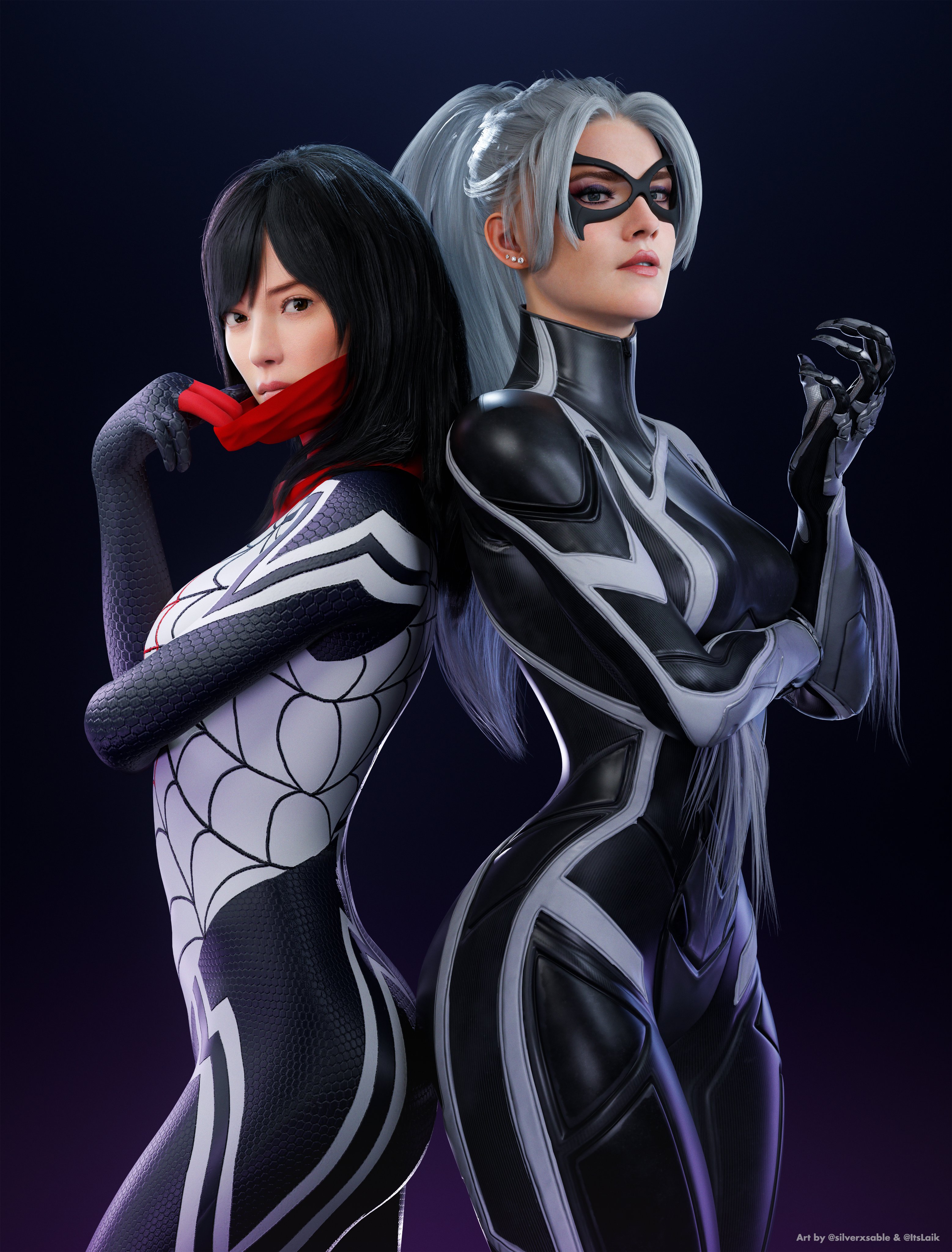 2024, 2girls, 3d, 3d (artwork), asian, asian female, baddie, black cat (insomniac), black cat (marvel), black hair, black suit, butts touching, cindy moon, claws, covered mouth, felicia hardy, female, insomniac games, itslaiknsfw, laik3d, laiknsfw, leggings, legs, looking at viewer, marvel, marvel comics, perfect body, ponytail, seductive look, sexy body, sexy pose, silk, silk (marvel), silver hair, silverxsable, simple background, sony interactive entertainment, spider girl, spider-man (insomniac series), spider-man (series), spider-man 2 (ps5), thughs, tight clothes, tight clothing, tight fit, tight suit, white hair