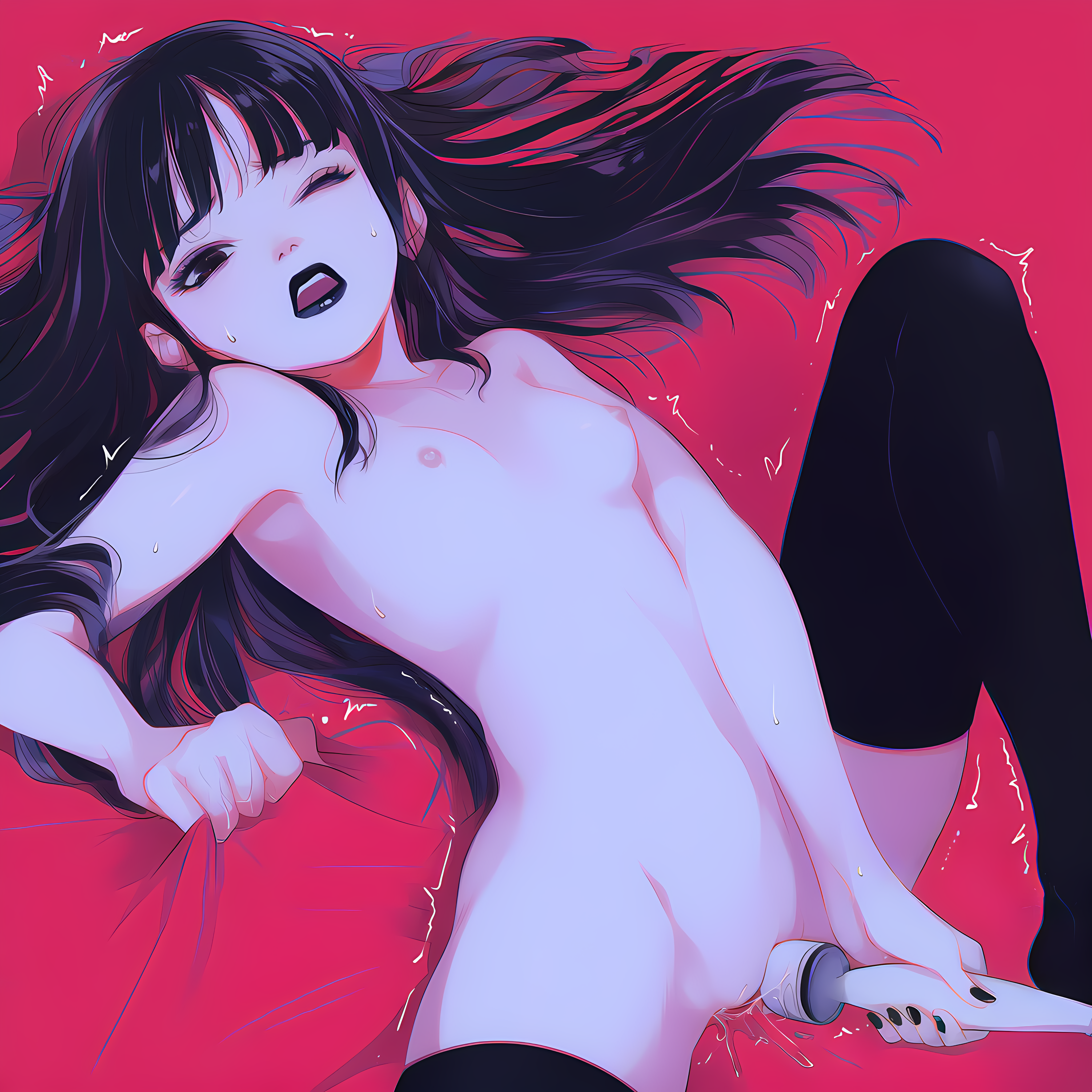 1:1, 1girls, ai generated, arched back, bangs, barely clothed, bed sheet, black eyes, black hair, black legwear, black lipstick, black nails, breasts, brown hair, emily strange, emily the strange, exposed breasts, facing viewer, female, female focus, female masturbation, female only, fit, from above, front view, goth, goth girl, hi res, highres, hitachi magic wand, hitachi wand, holding object, holding sex toy, holding vibrator, izacru0, knee up, leg up, legs apart, legwear, legwear only, light skin, light-skinned female, long hair, looking at viewer, looking pleasured, lying, lying on back, magic wand, masturbation, moaning, motion lines, naked, naked female, nipples, nude, nude female, on back, one eye closed, open mouth, orgasm, orgasm face, pale skin, pleasure face, pussy, pussy juice, pussy juice drip, raised eyebrows, red background, sex toy, sheet grab, simple background, small breasts, solo, solo female, solo focus, sweat, thighhighs, trembling, uncensored, very high resolution, vibrator, wand, wand vibrator