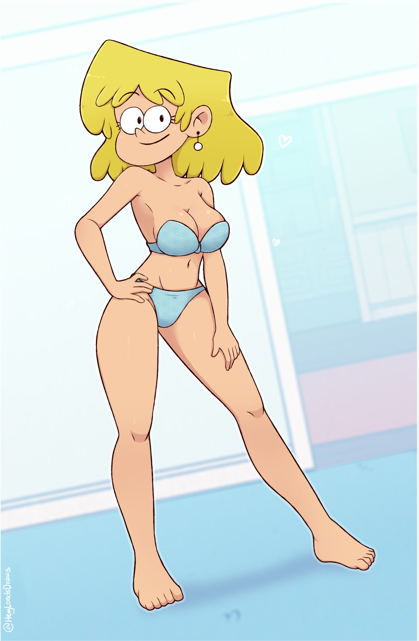 1girls, barefoot, bedroom, bikini, blonde female, blonde hair, blue bikini, blue panties, drawsoyeah, earrings, female, female focus, female only, hands on hips, light skin, light-skinned female, looking at viewer, lori loud, nickelodeon, panties, partially clothed, partially clothed female, posing, short hair, smile, solo, solo female, solo focus, standing, teenage female, teenager, the loud house