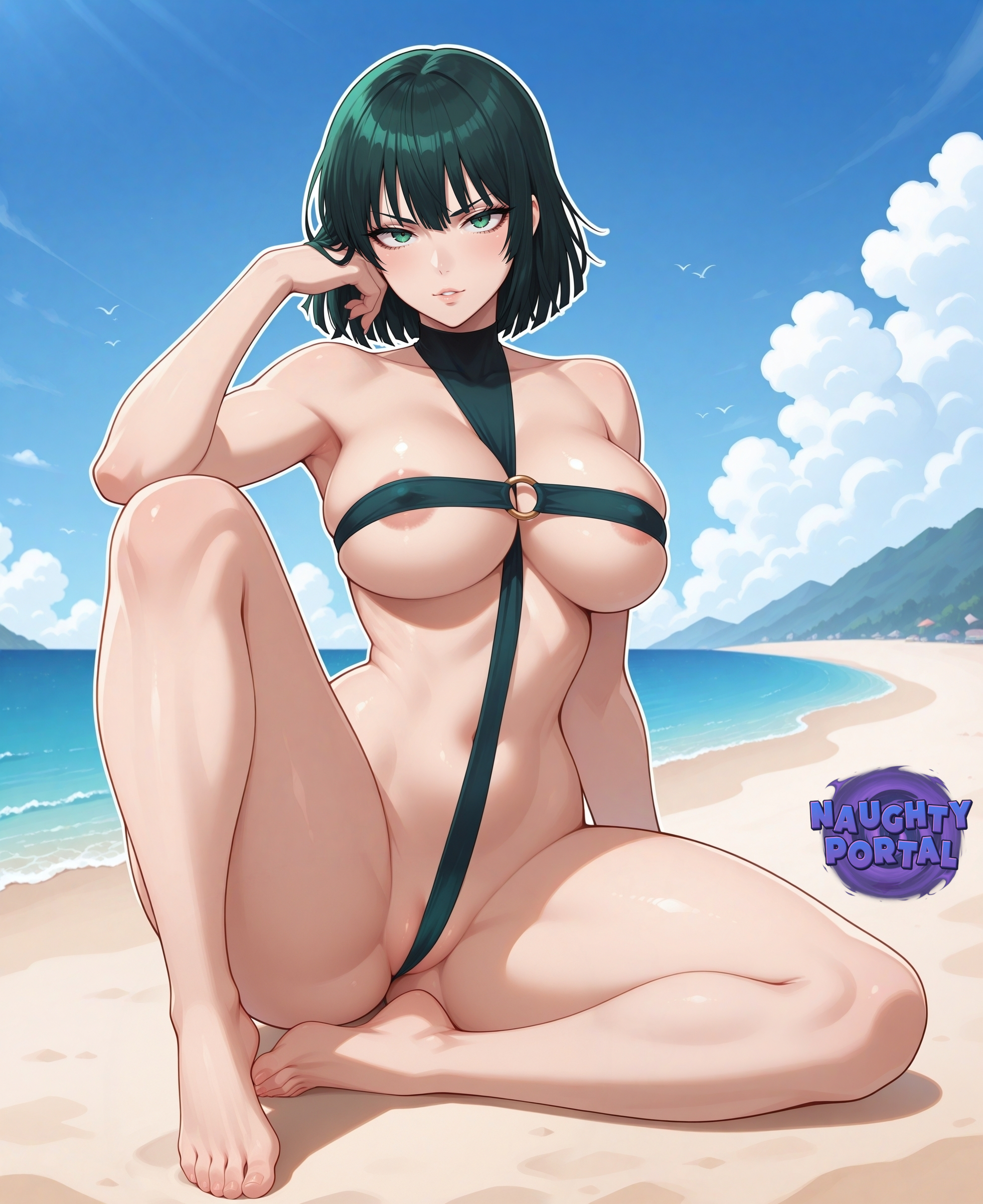 ai generated, areola slip, areolae slip, armpit fetish, armpits, ass, barely clothed, beach, bikini strap, butt fang, cameltoe, covered nipples, fanart, feet, female, female focus, female only, foot fetish, fubuki (one-punch man), green bikini, green eyes, green hair, green swimsuit, green swimwear, jorgecarlosai, knees, mature, mature female, mature woman, medium hair, metal ring, mountains, navel, nipple bulge, on floor, one-punch man, posing, revealing bikini, revealing clothes, ring, sand, sexy, sexy bikini, sexy pose, sitting, sitting on floor, sky, strap bikini, swimsuit, swimwear, thighs, toes, toned, toned female, water, watermark