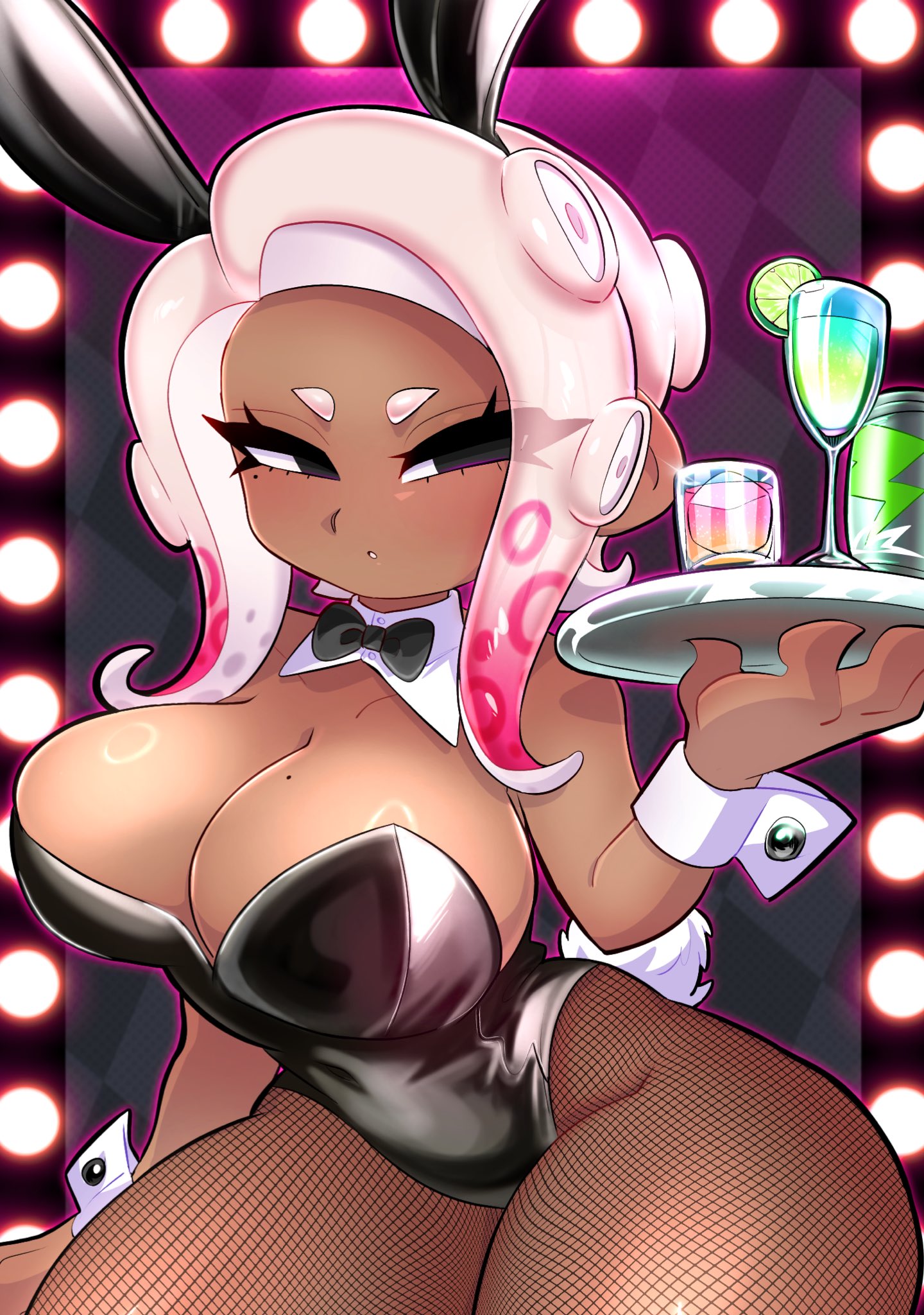 1girls, ass, bow, bowtie, breasts, bunny ears, bunny girl, bunny tail, bunnysuit, cleavage, covered navel, female, fishnet pantyhose, fishnets, large breasts, mole, mole on breast, mole under eye, nintendo, octoling, octoling girl, original character, pantyhose, playboy bunny, riki0731, serving tray, short hair, solo, splatoon, splatoon (series), splatoon 3, tentacle hair, thick thighs, thighs