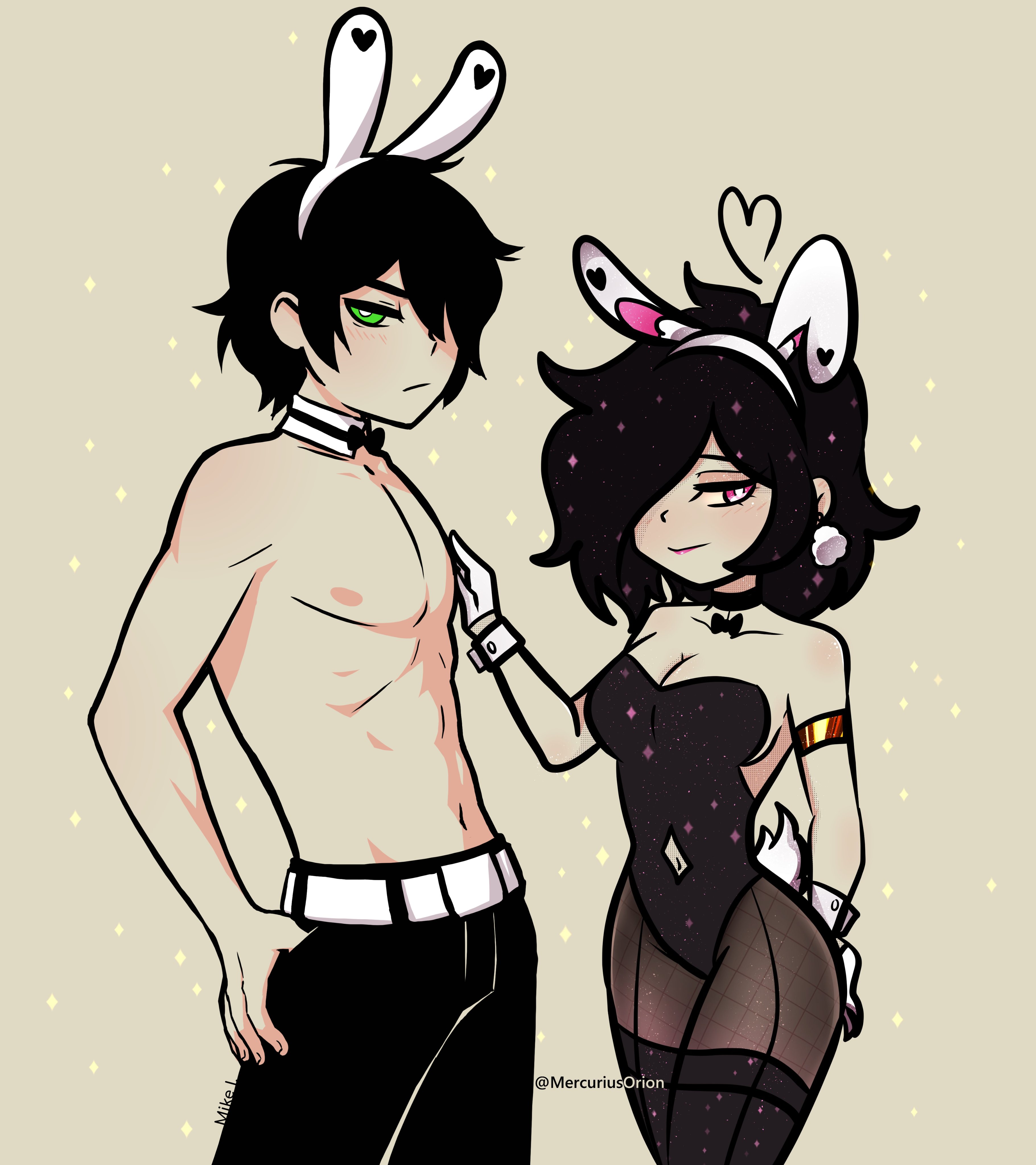1boy, 1boy1girl, 1girls, andrew graves, ashley graves, black hair, black pantyhose, black thighhighs, blush, bowtie, brother and sister, bunny ears, bunnysuit, cleavage, clothed, collar only, cuffs, female, gloves, green eyes, light-skinned female, light-skinned male, male, male and female focus, manyakis, mercuriusorion, mike inel, pantyhose, pink eyes, see-through clothing, siblings, slim waist, stockings over pantyhose, the coffin of andy and leyley, thighhighs, thighhighs over pantyhose, tights, topless male