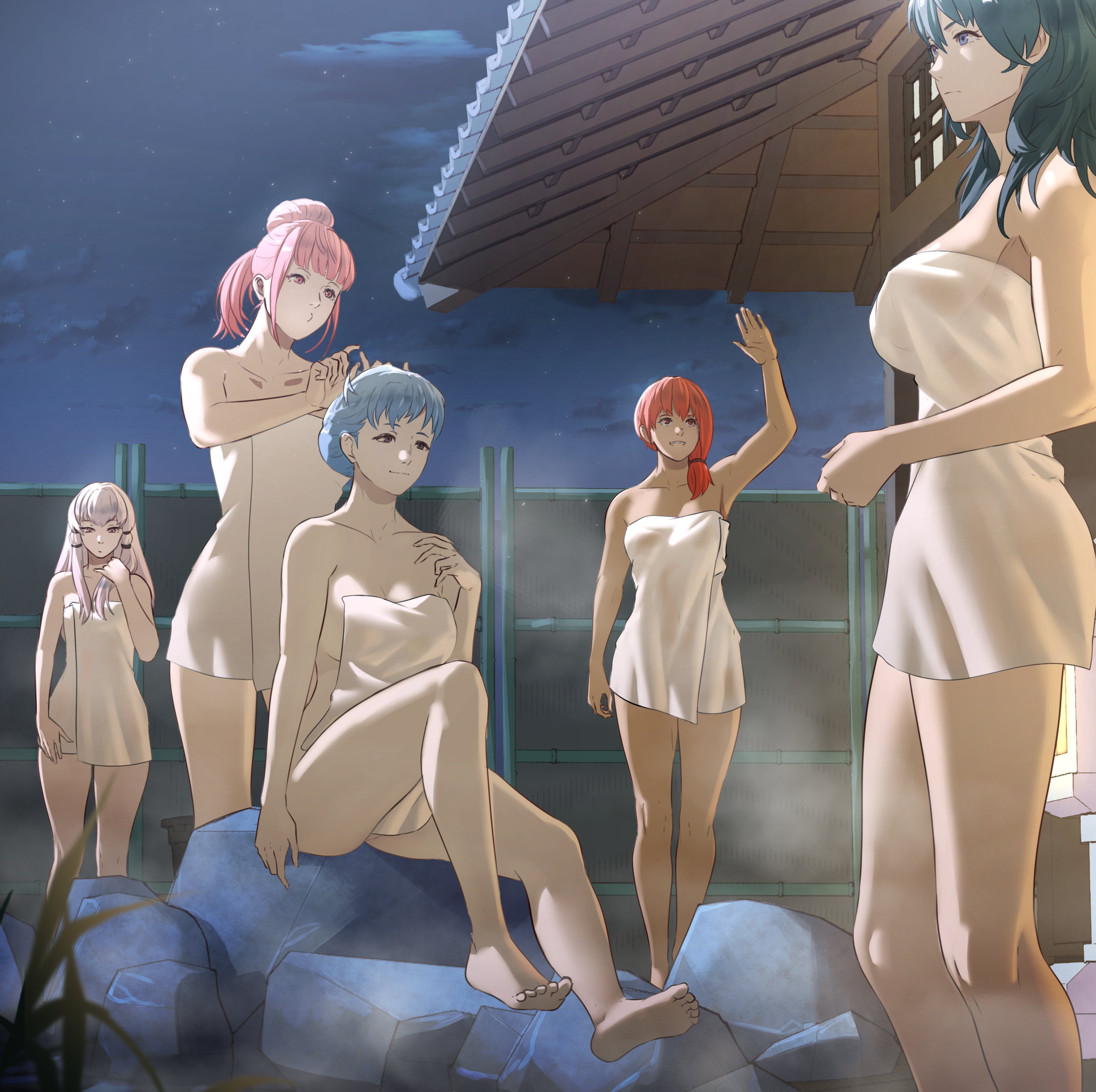 5girls, absurdres, arm up, armpits, bare legs, barefoot, blue eyes, blue hair, breasts, brown eyes, byleth (fire emblem), byleth (fire emblem) (female), covering privates, feet, female, female only, fire emblem, fire emblem warriors: three hopes, fire emblem: three houses, grey hair, hair bun, highres, hilda valentine goneril, knee up, large breasts, legs, leonie pinelli, long hair, lysithea von ordelia, marianne von edmund, medium breasts, multiple females, multiple girls, naked towel, night, nintendo, nude cover, o3o, official alternate hairstyle, onsen, orange eyes, orange hair, outdoors, pink eyes, pink hair, pomelomelon, ponytail, post-timeskip, rock, same-sex bathing, shared bathing, short hair, sideboob, sitting, small breasts, soles, standing, steam, toes, towel