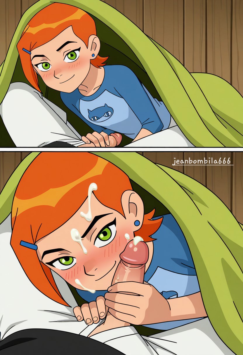 ai generated, ben 10, blowjob, breasts, cartoon network, comic, female, gwen tennyson, jeanbombila666, male, partial male