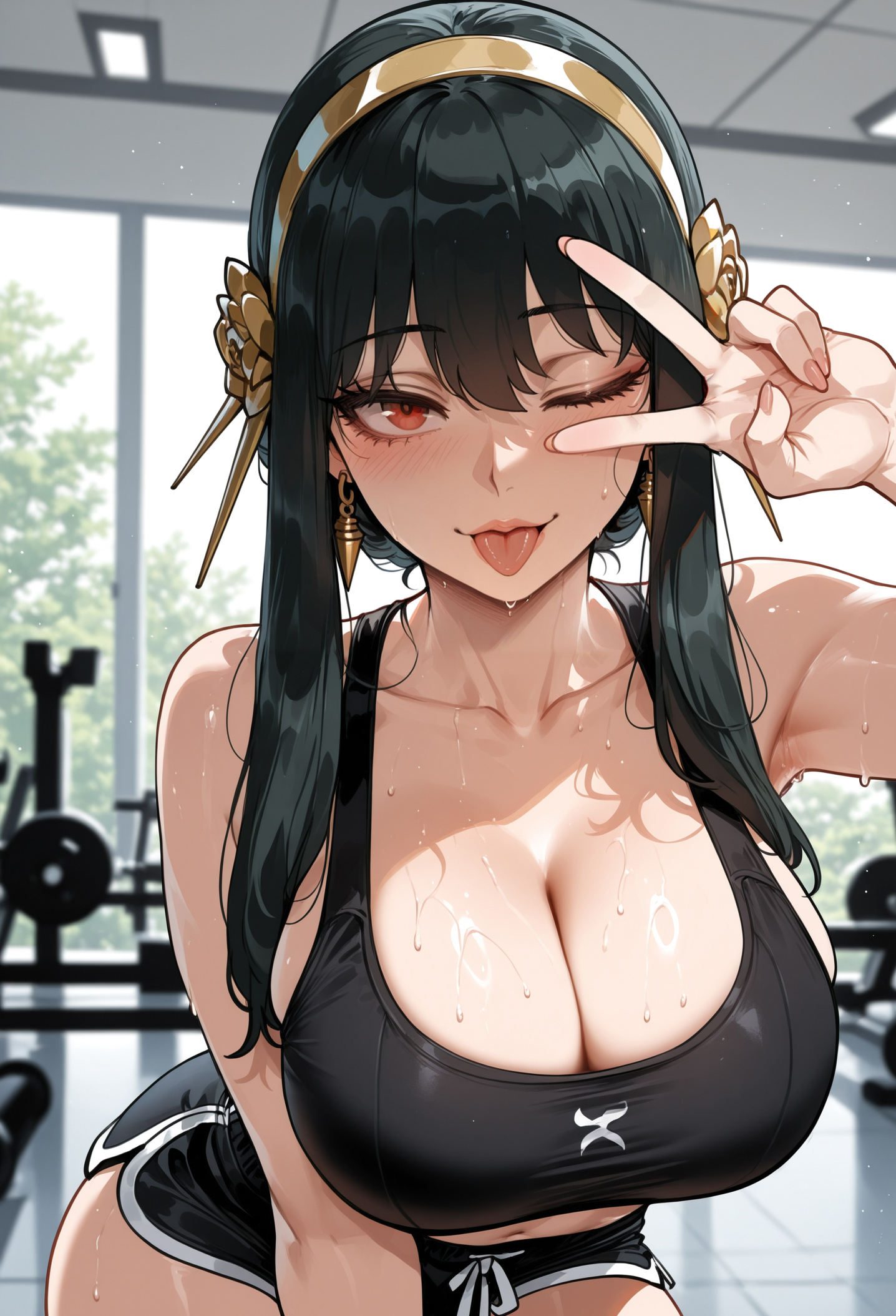 ;p, :p, 1girls, ai generated, bangs, bare shoulders, black hair, black shorts, black sports bra, blush, breasts, clavicle, cleavage, closed mouth, clothing, collarbone, curvaceous, curvaceous female, curvaceous figure, curvy, curvy figure, dolphin shorts, earrings, female, female focus, female only, flower, gold earrings, gold hairband, gym, gym clothes, gym shorts, gym uniform, hair flower, hair ornament, hairband, headwear, indoors, inviting, inviting to sex, jewelry, large breasts, leaning forward, long hair, looking at viewer, miyuai, navel, one eye closed, presenting, presenting breasts, presenting self, red eyes, seductive, seductive look, seductive smile, short hair with long locks, short shorts, shorts, sidelocks, smile, solo, sports bra, sportswear, spy x family, sweat, tank top, thighs, tongue, tongue out, v, v over eye, very sweaty, voluptuous, voluptuous female, yor briar, yor forger