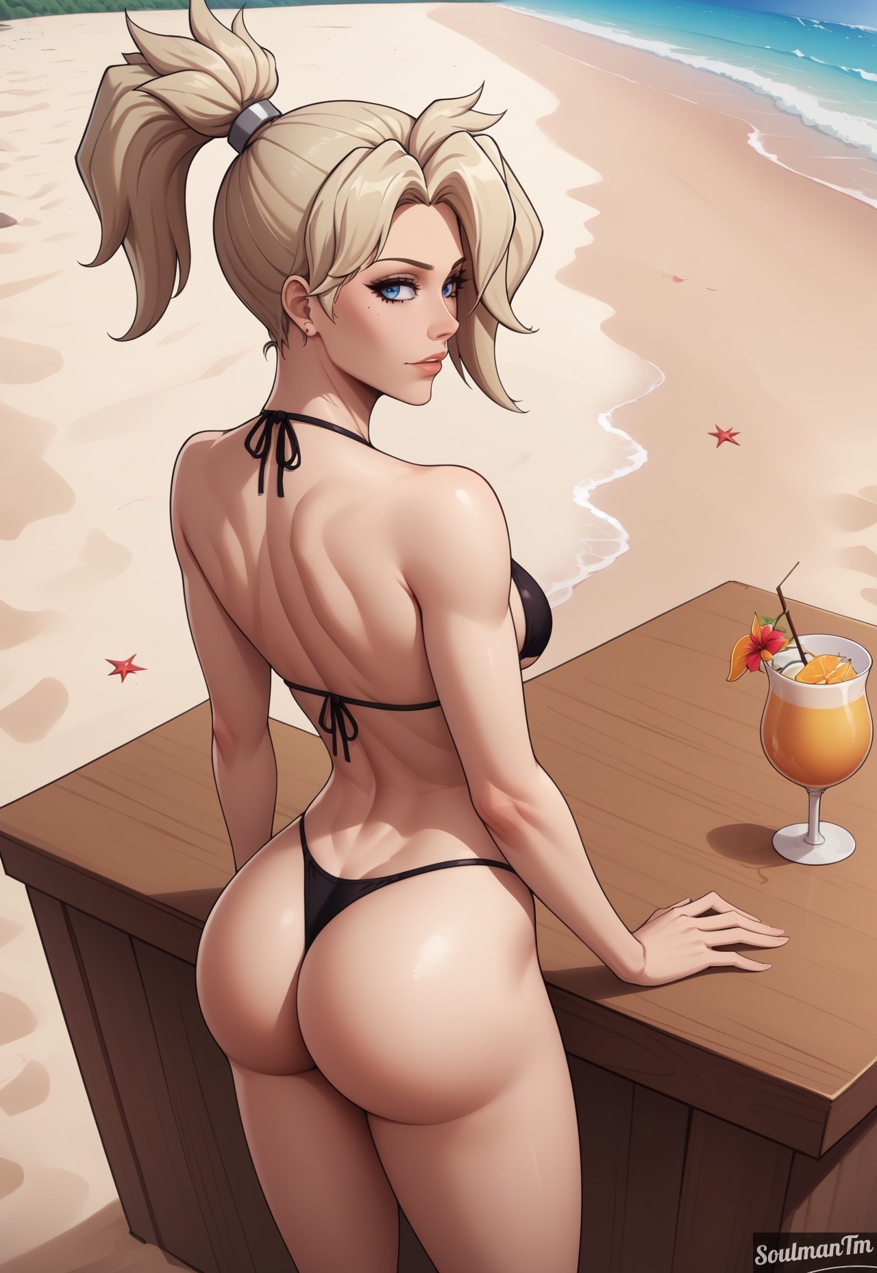 1girls, ai generated, angela ziegler, artist logo, artist name, ass, ass focus, beach, beach background, bikini, bikini top, black thong, blizzard entertainment, blonde female, blonde hair, blonde-haired female, female, hands on table, looking back, mercy, overwatch, overwatch 2, solo, solo female, solo focus, soulmantm, standing, thong, thong bikini, video game character, video games