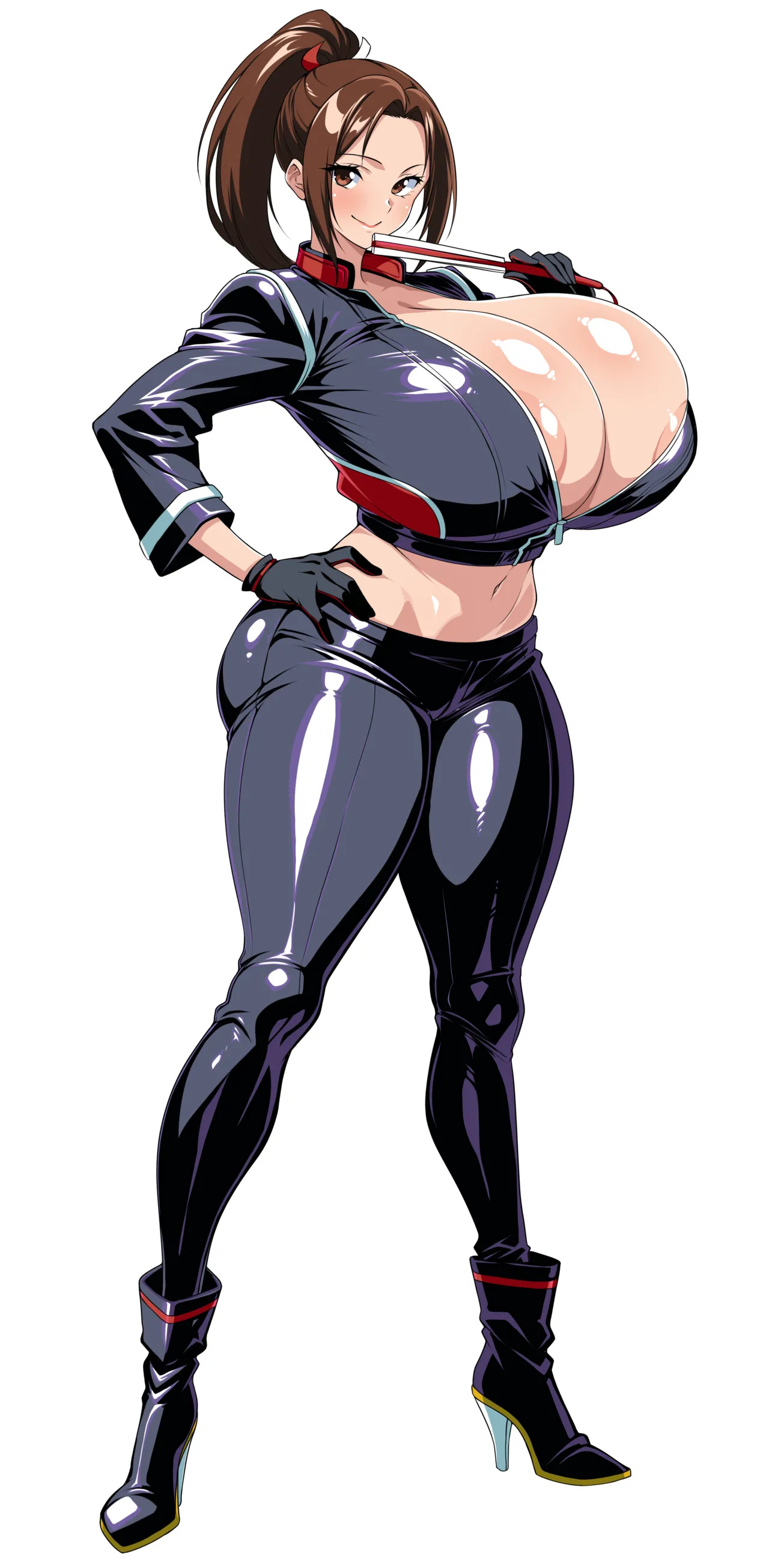 :>, 1girls, artist name, belly button, black gloves, black jacket, black pants, blush, blushing at viewer, blushing female, boots, breasts, brown eyes, brown hair, cleavage, exposed nipples, fatal fury, fatal fury: city of the wolves, female, female only, folding fan, full body, gloves, hand fan, hand on own hip, high heel boots, high heels, huge breasts, huge nipples, jabara tornado, jacket, large areolae, large breasts, latex, latex boots, latex jacket, latex pants, latex shirt, light skin, light-skinned female, long hair, looking at viewer, mai shiranui, mai shiranui (city of the wolves), midriff, navel, nipple slip, nipples, no bra, open clothes, open jacket, pants, ponytail, puffy nipples, signature, skin tight, smile, smiling at viewer, snk, solo, solo female, solo focus, standing, street fighter, street fighter 6, sweat, thick thighs, thighs, unzipping, white skin, zipper