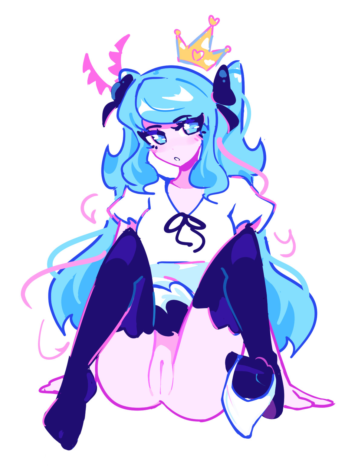 1girl, 1girls, bangs, black bow, black ribbon, black thighhighs, blue eyes, blue hair, bluesky link, blush, bottomless, bow, crown, dizzyisdizzy, dress, female, female focus, hair bow, hatsune miku, high heels, light skin, light-skinned female, long hair, looking at viewer, no panties, pussy, ribbon, short sleeves, simple background, sitting, solo, solo female, solo focus, tagme, thighhighs, twintails, uncensored, vagina, very long hair, vocaloid, white background, white dress, world is mine (vocaloid)