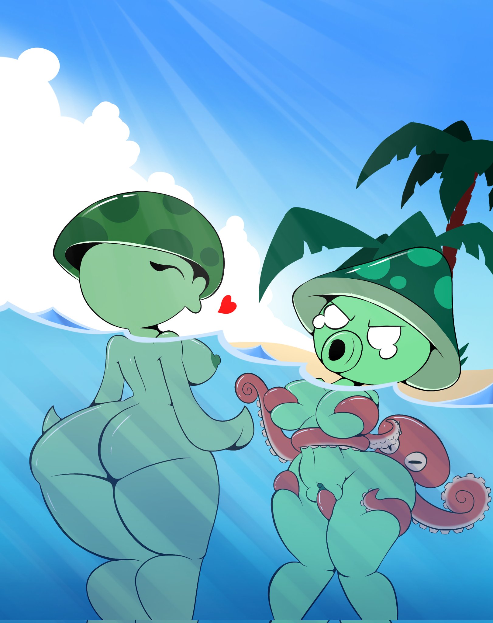 2023, 2girls, angry, angry face, ass, closed eyes, clouds, electronic arts, female, female only, heart, island, no clothes, octopus, plants vs zombies, plants vs. zombies, popcap games, sea, sea-shroom (pvz), thelordjoshua1