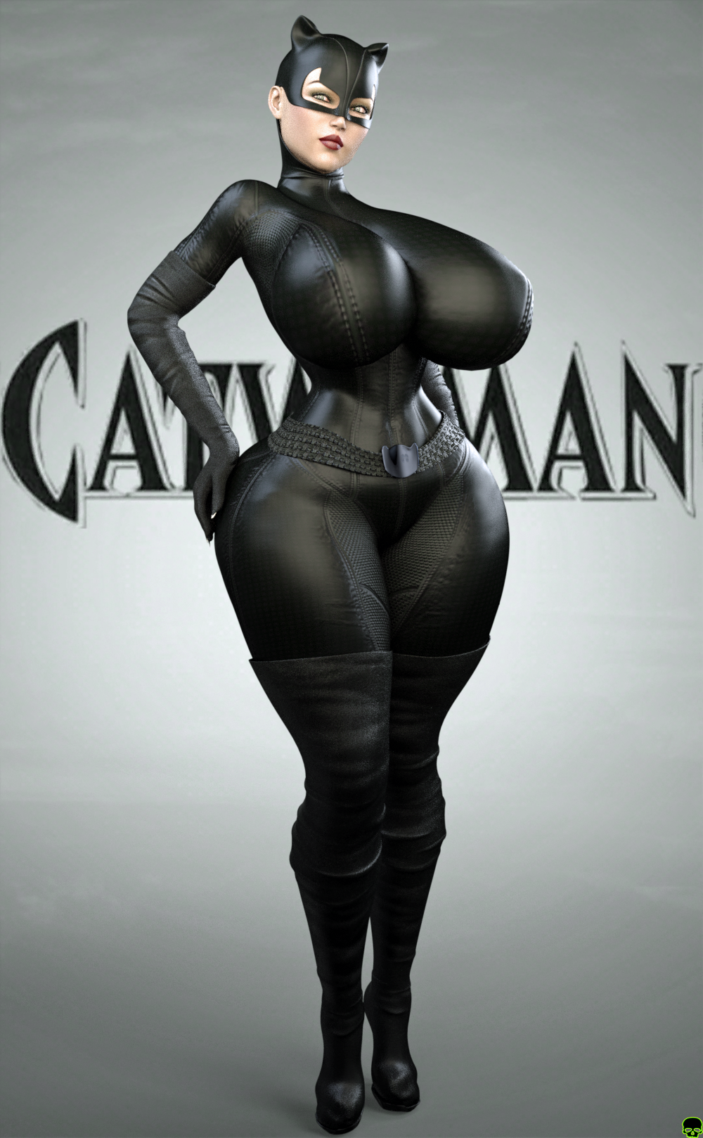 1girls 3d alternate_version_available batman_(series) big_breasts black_gloves black_hair bodysuit busty catwoman cleavage curvy dc dc_comics elbow_gloves erect_nipple erect_nipples eyelashes fake_animal_ears female female_only front_view gloves gray_eyes hand_on_hip hands_on_hip hands_on_hips high_heel_boots high_heels hourglass_figure huge_breasts human hyper_breasts long_hair looking_at_viewer mask nipple_bulge pose posing selina_kyle shadow simple_background solo standing superheroine voluptuous wide_hips xskullheadx