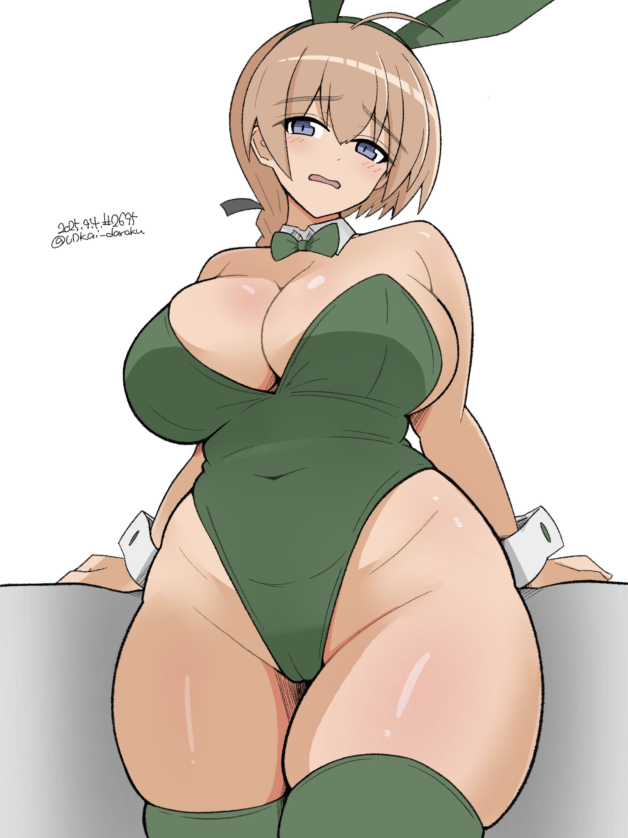 1girls, 2d, ahoge, animal ears, breasts, bunny ears, bunnysuit, female, huge breasts, large breasts, lynette bishop, plump, strike witches, unkai daraku, world witches series