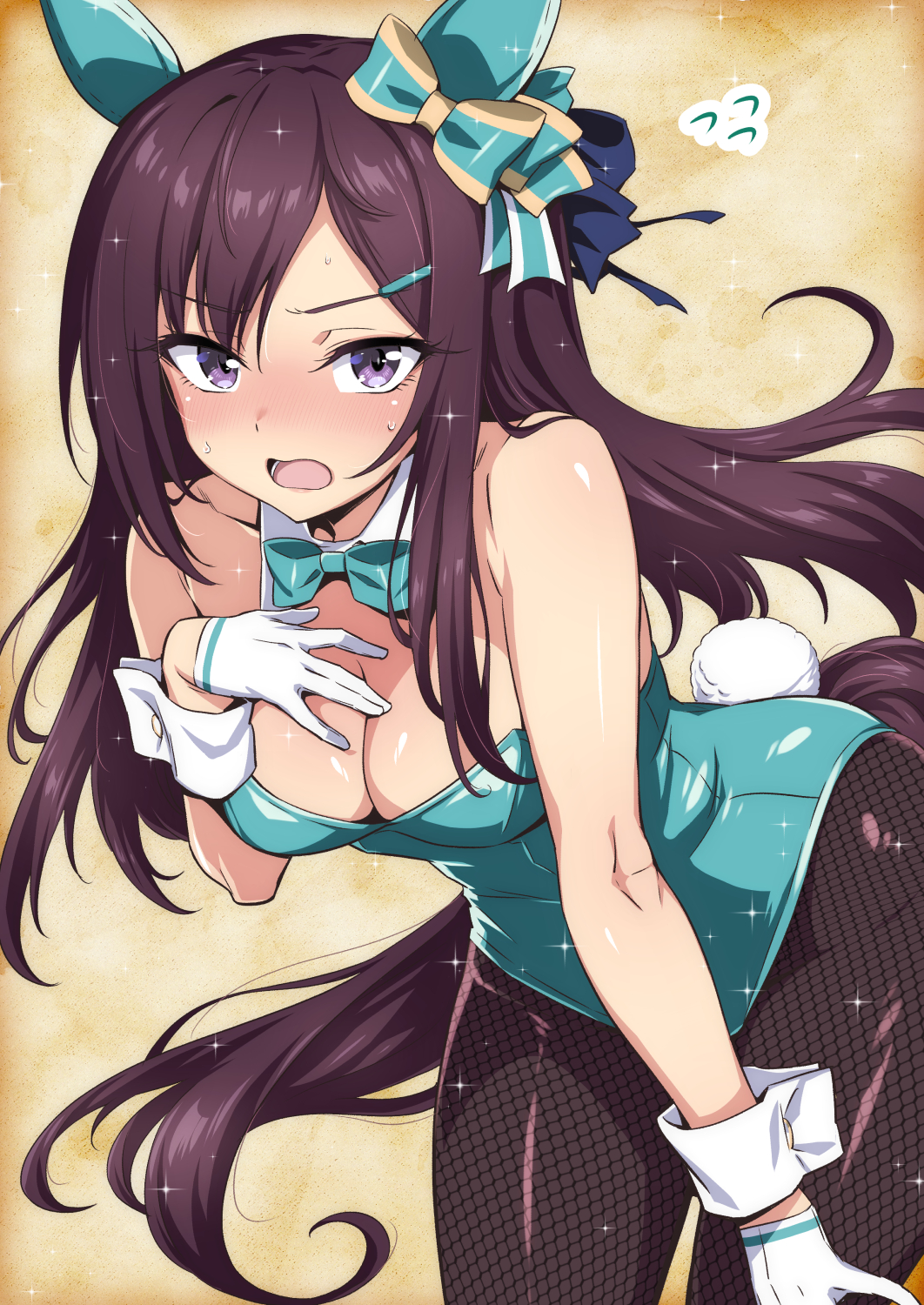blush, breasts, brown hair, bunny tail, bunnysuit, cleavage, dark brown hair, embarrassed, female, female only, fishnet pantyhose, fishnets, gloves, guy n, hair ribbon, hairclip, horse ears, horse girl, horse tail, leaning forward, long hair, looking at viewer, medium breasts, mejiro dober (umamusume), pantyhose, playboy bunny, playboy bunnysuit, purple eyes, solo, sweat, umamusume, umamusume pretty derby, white gloves