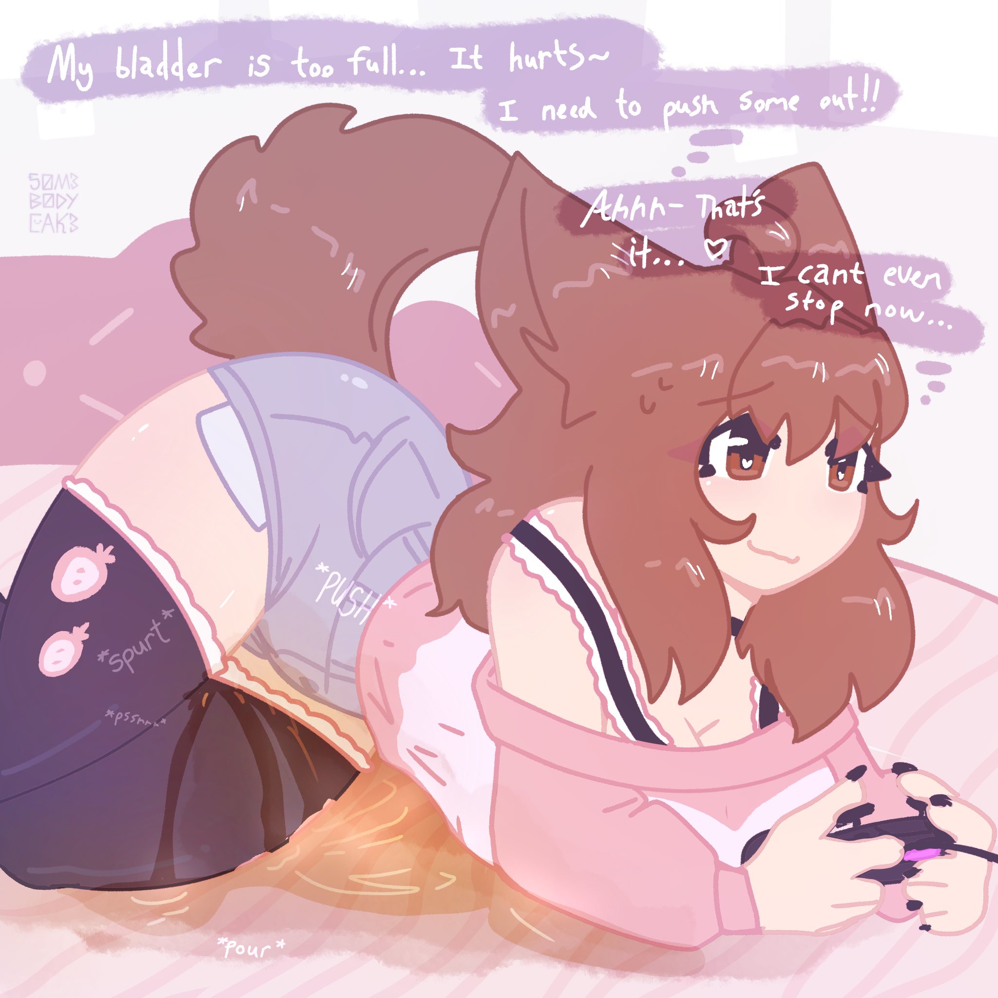 1girls, 50m3b0dyc4k3, bed, bedwetting, black fingernails, black nails, black thighhighs, bottom heavy, casual urination, casual wetting, controller, denim, denim shorts, female, female focus, full bladder, furry, furry ears, furry female, furry tail, gamepad, have to pee, heart-shaped pupils, human, human focus, human only, intentional pants wetting, kemonomimi, no nose, omorashi, on bed, peeing, peeing self, playing videogame, smile, smiling, solo, solo female, tagme, tail, thick thighs, thighhighs, urination, urine, urine pool, watersports, wetting, wetting self