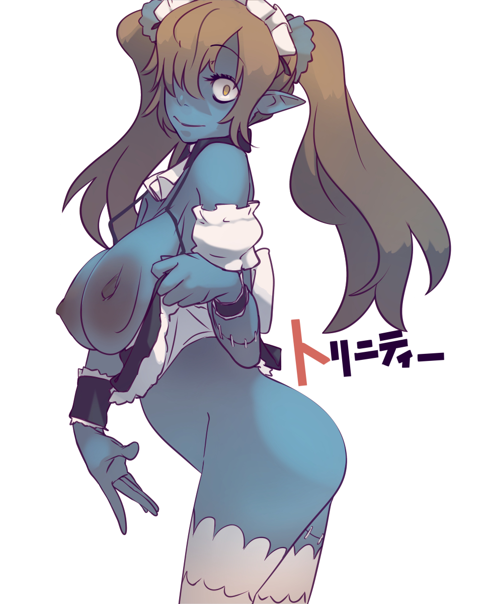 1girls, ass, blue skin, bottomless, breasts, brown hair, disgaea, disgaea 5, female, female only, huge areolae, large breasts, maid, maid (disgaea), maid headdress, maid uniform, niko (toitoi210), nippon ichi software, no bra, no panties, pointy ears, side view, skirt lift, solo, thighhighs, twintails, zombie, zombie girl