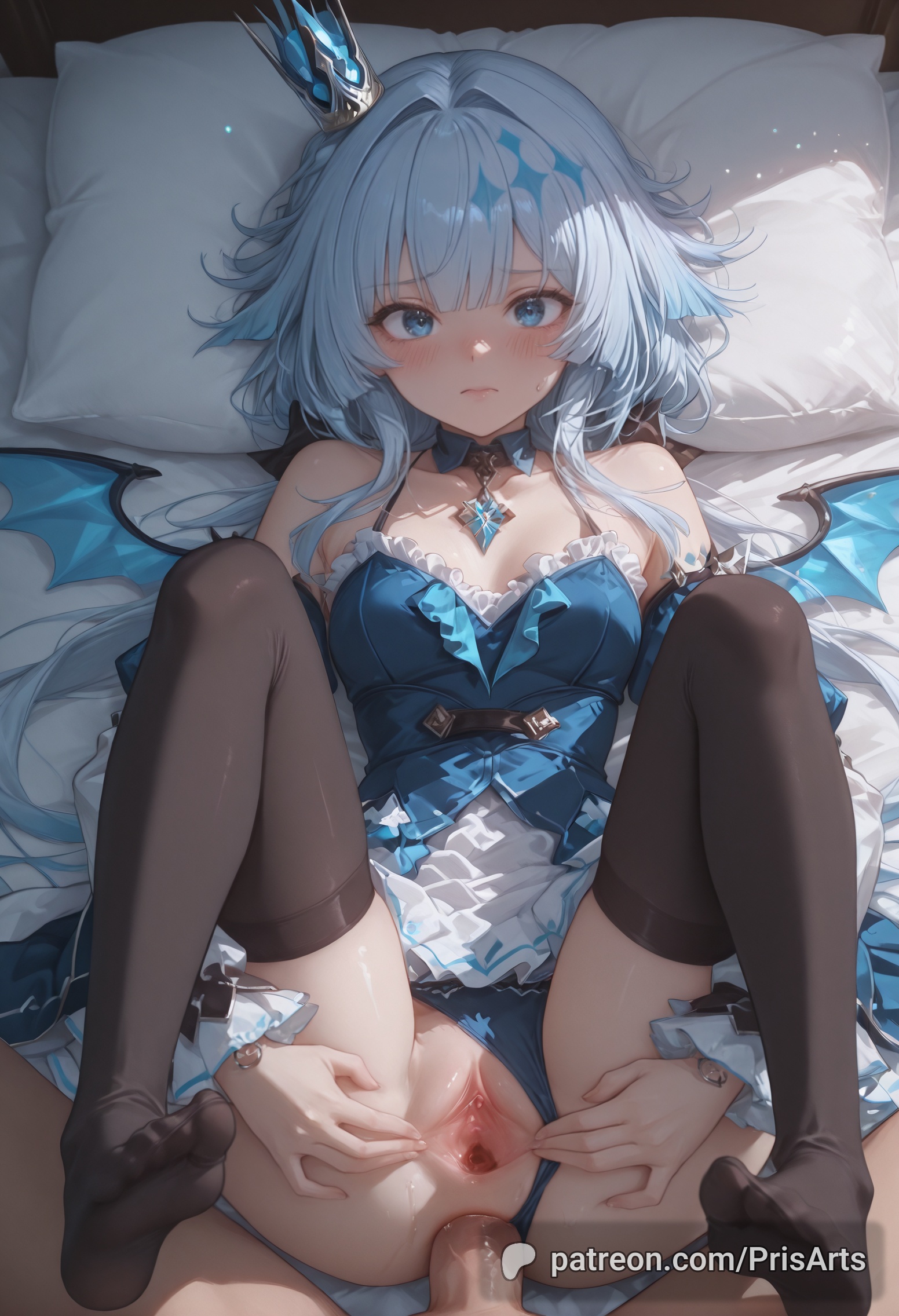ai generated, anal, anal sex, bed, blue dress, blue eyes, cerydra (honkai: star rail), clothes lift, clothes pull, clothing, crown, dress, dress lift, female, holding legs, honkai (series), honkai: star rail, hoyoverse, laying down, laying on back, laying on bed, legs, light skin, light-skinned female, looking at viewer, male, mihoyo, panties, panties aside, pantsu, penis, perfect body, pov, prisarts, pussy, sex, showing panties, skirt, skirt lift, spread pussy, spreading legs, spreading pussy, thighhighs, thighs, underwear, upskirt, waiting for sex, white hair, wings