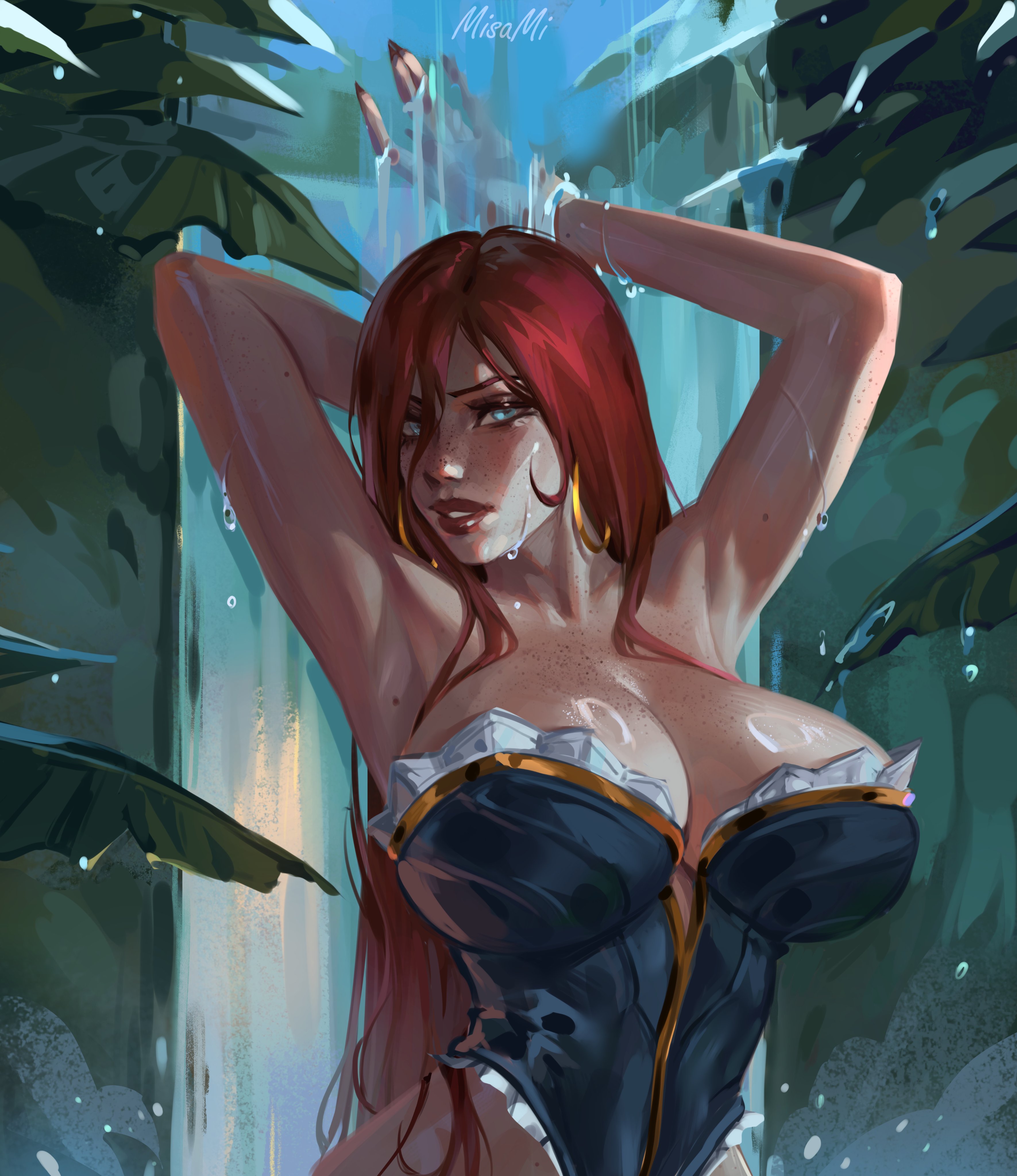 1girls, 2d, armpits, arms up, big breasts, blue eyes, breasts, cleavage, female, female human, female only, freckles, full lips, hourglass figure, huge breasts, human, league of legends, light-skinned female, long hair, looking at viewer, mature female, misami, miss fortune, red hair, redhead, slim waist, solo, tagme, very long hair, voluptuous female, wide hips