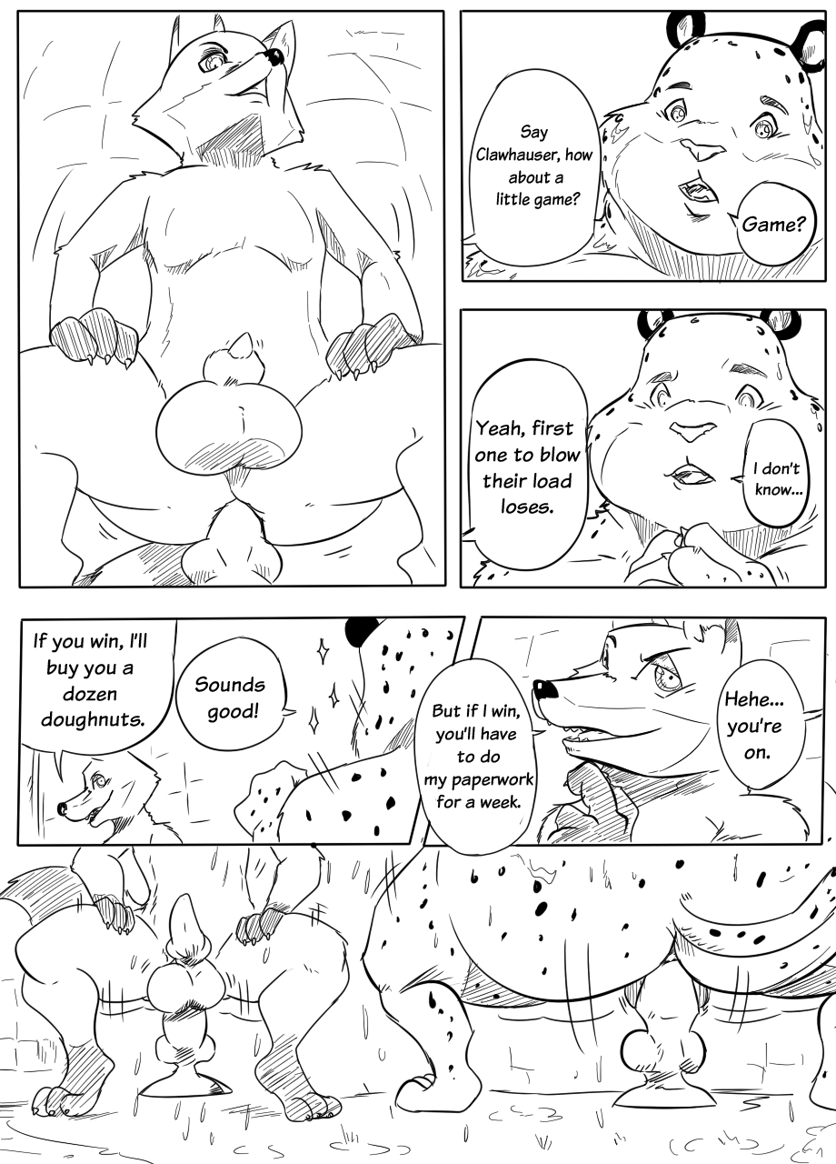 a-side anal anal_masturbation anthro balls benjamin_clawhauser black_and_white canine cheetah comic dildo dildo_sitting disney feline fox gay male male_anal male_only mammal masturbation monochrome nick_wilde overweight penetration penis sex_toy yaoi zootopia