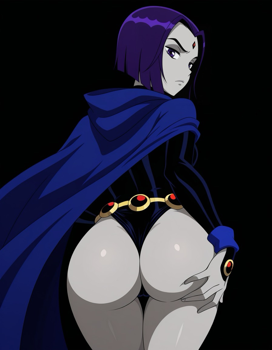 1girls, ai generated, ass, bodysuit, female, omegavolt, raven (dc), solo female, teen titans, teeth