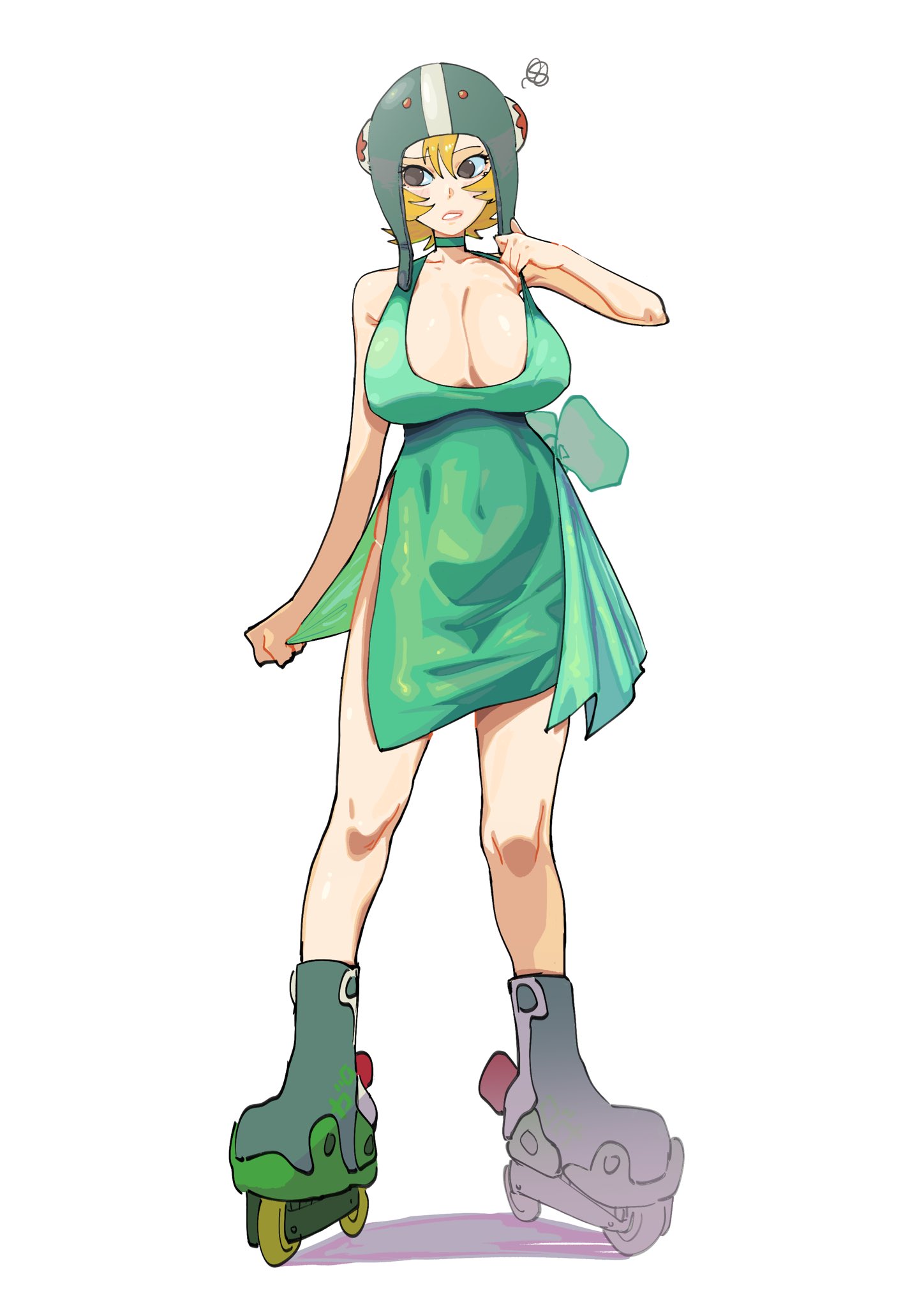 belly, belly button, blonde hair, blush, breast focus, breasts, choker, cleavage, cleavage dress, cleavage focus, clothed, clothed female, deep cleavage, female, gum (jsr), hat, jet set radio, jet set radio future, large breasts, legs, panty peek, panty straps, pulling dress down, roller skates, spaghett8, spaghetto087, thighs, tight clothing, tight dress