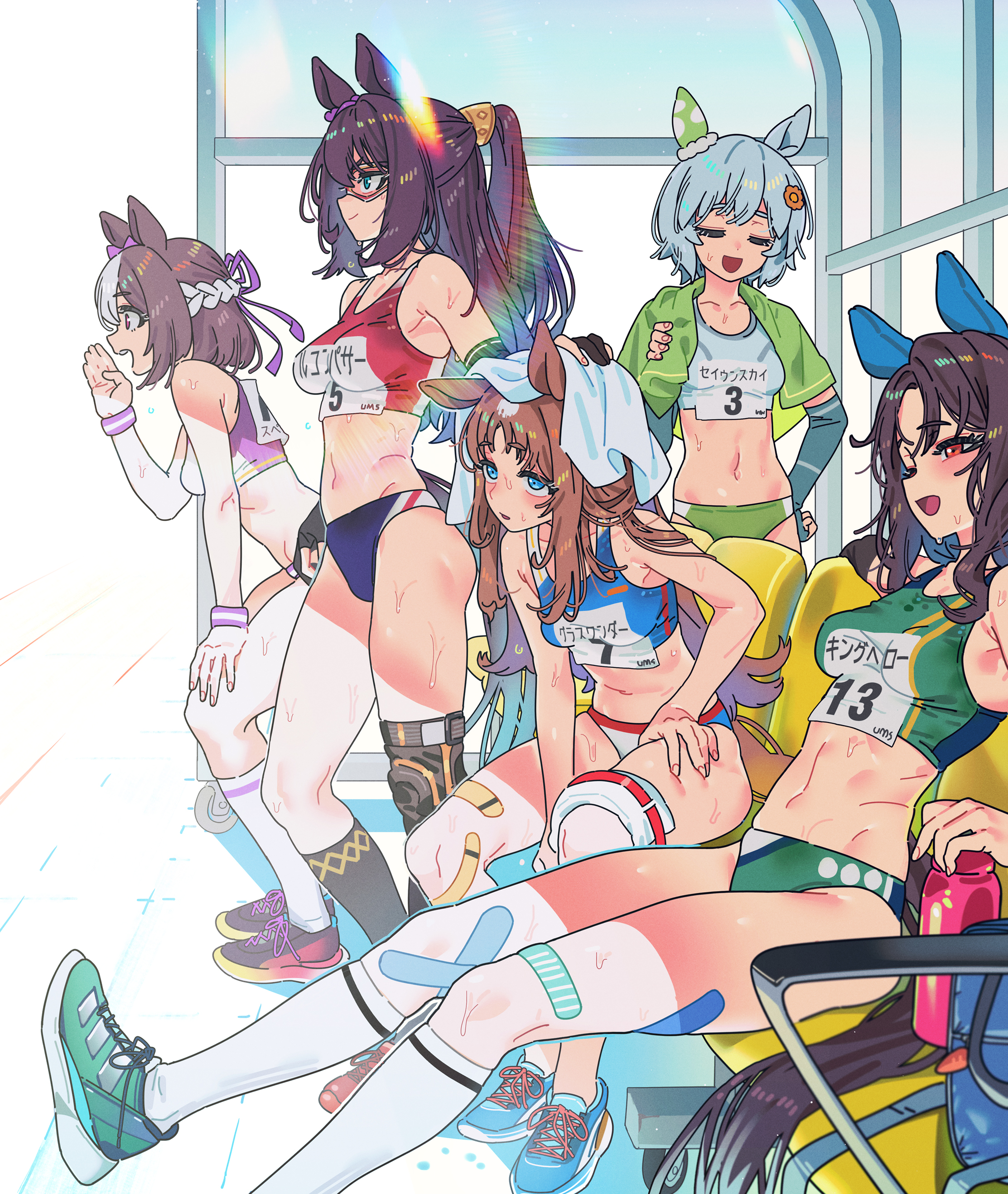 5girls, bandages, blue eyes, breasts, brown hair, buruma, crop top, el condor pasa (umamusume), eye mask, female, female only, grass wonder (umamusume), gym clothes, gym uniform, horse ears, horse girl, horse tail, king halo (umamusume), long hair, luchador mask, medium breasts, multiple females, multiple girls, name tag, ponytail, reclining, sarcophage, seiun sky (umamusume), short hair, sitting, smile, sneakers, special week (umamusume), standing, sweat, sweaty, toned, toned female, towel, track and field, track uniform, two-tone hair, umamusume, umamusume pretty derby, white hair, wrestling mask