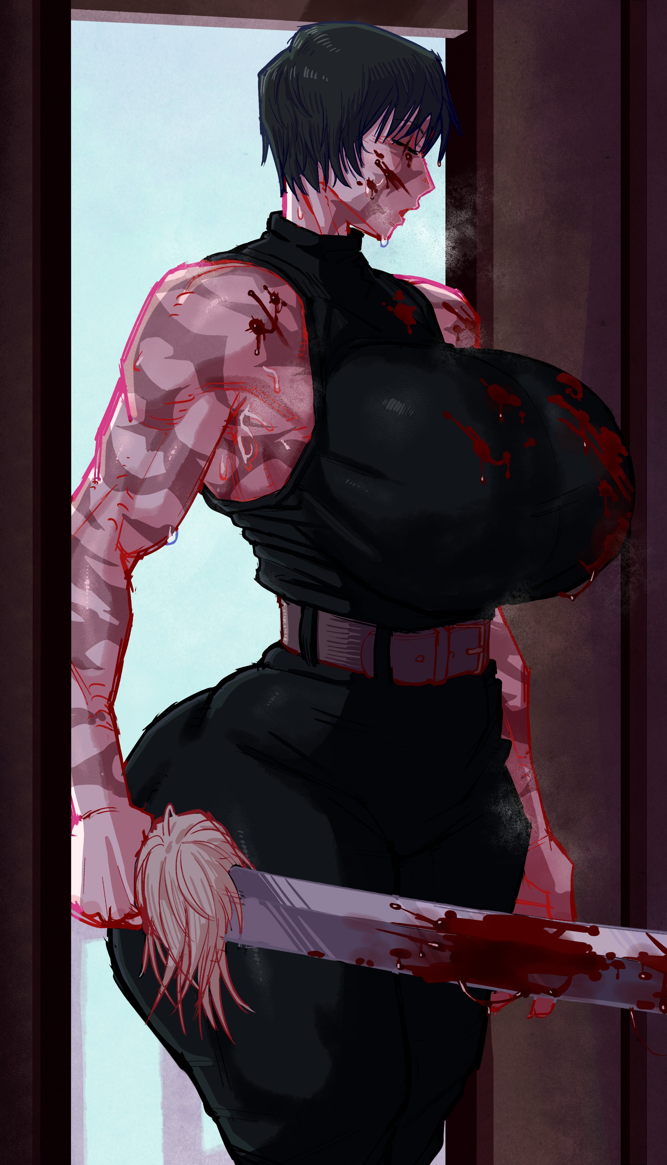 1girls, absurd res, bare shoulders, belt, big ass, big breasts, black pants, black shirt, blood, breasts, burn scar, fakkufakkufakku, female, female only, highres, jujutsu kaisen, large breasts, muscular, muscular female, scar, scar across eye, scar on face, short hair, short hair female, sleeveless, solo, solo female, tomboy, very short hair, zenin maki