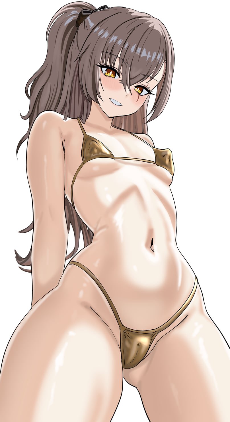 1girls, bikini, bikini bottom, bikini top, blush, breasts, brown hair, cameltoe, covered nipples, covered pussy, female, female only, girls' frontline, girls' frontline 2: exilium, gold bikini, gudakoguda, hair ribbon, leva (girls' frontline 2), long hair, looking at viewer, navel, ponytail, pussy, scar, scar on face, small breasts, smile, ump45 (girls' frontline), viewed from below, yellow eyes