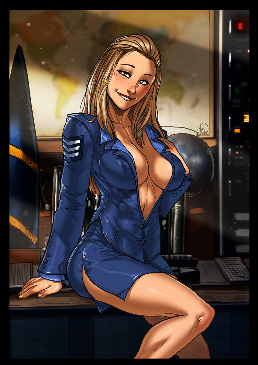 blonde female, blush, breasts, command and conquer, eva mckenna, female, ganassa, red alert (video games), red alert 3, sitting on desk, smiling at viewer, undressing, uniform