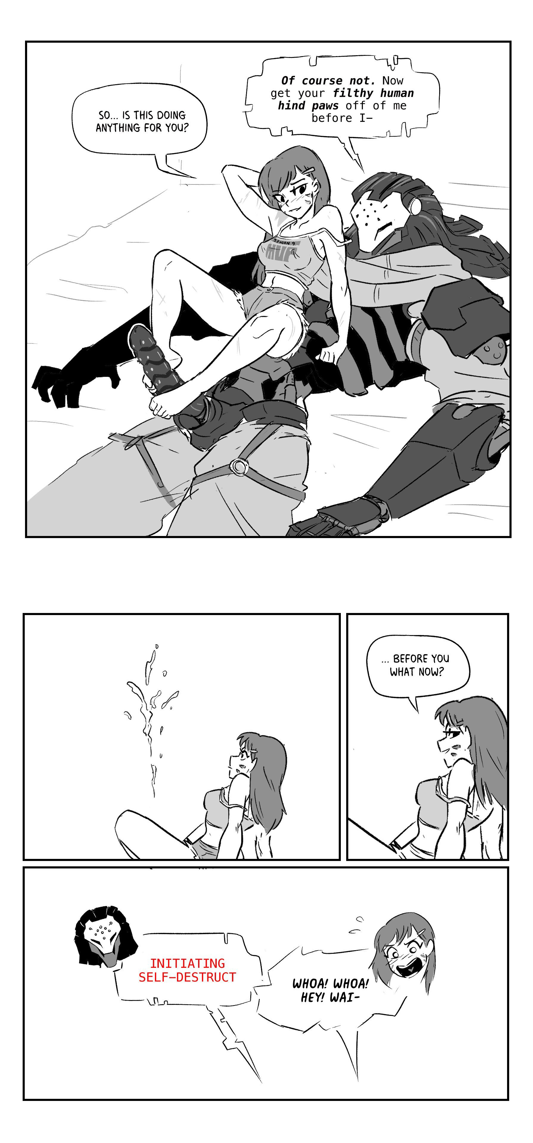 1boy, 1boy1girl, 1girls, barefoot, breasts, camisole, casual, comic, covered nipples, cowgirl position, cum, cutoffs, d.va, denim shorts, duo, english text, female, footjob, funny, greyscale, hair down, human/robot, large penis, long hair, lying on person, male, mechanical penis, medium breasts, monochrome, overwatch, overwatch 2, penis, perky breasts, premature ejaculation, ramattra, robot, scar, shorts, sketch, smug, spicymancer, straight, strap slip, text, toes, tsundere, two-footed footjob, whisker markings