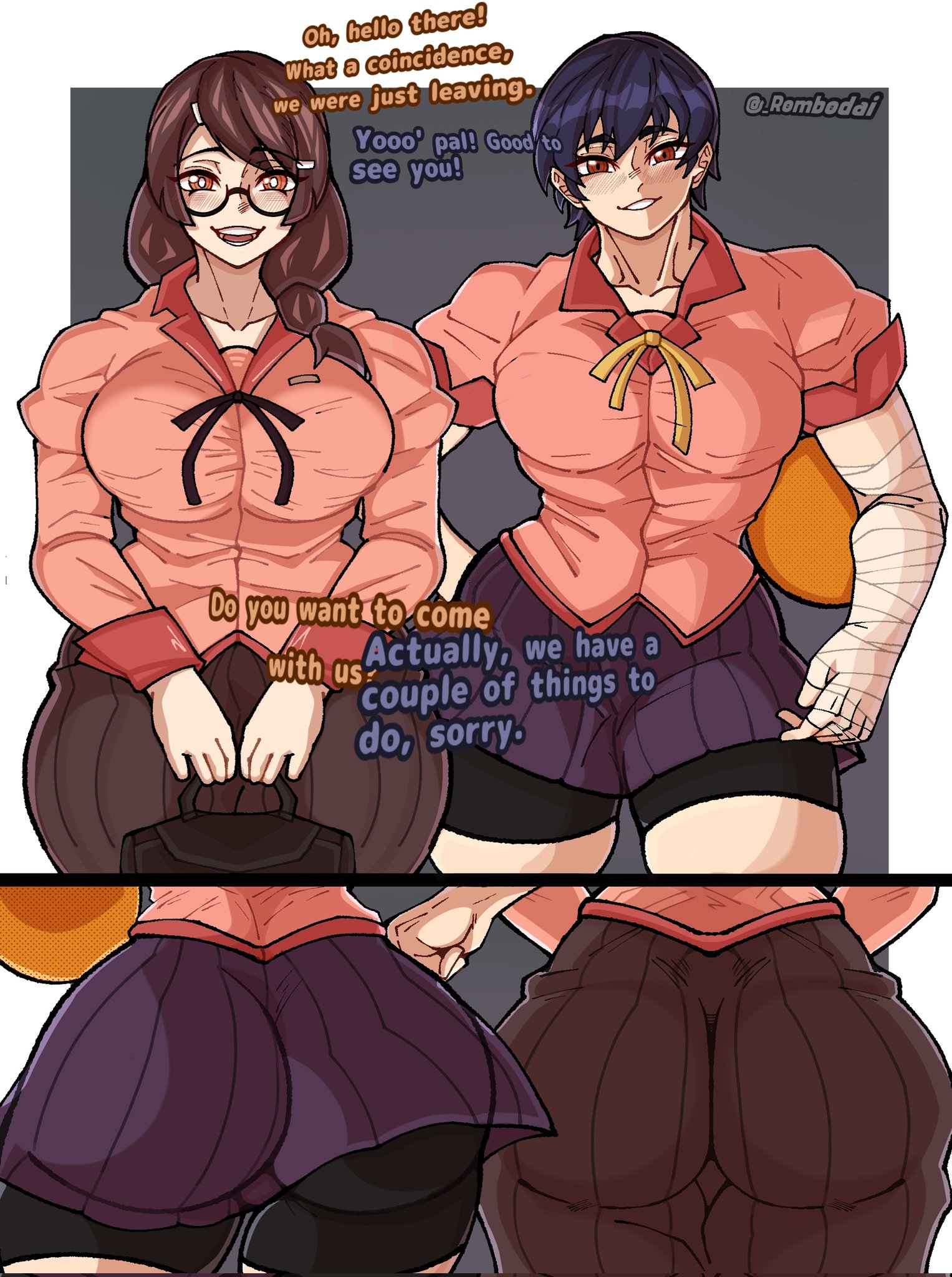1futa, 1girls, bakemonogatari, big breasts, breasts, dialogue, duo, female, futanari, hanekawa tsubasa, huge ass, human, intersex, kanbaru suruga, large breasts, monogatari (series), rombodai, standing, text