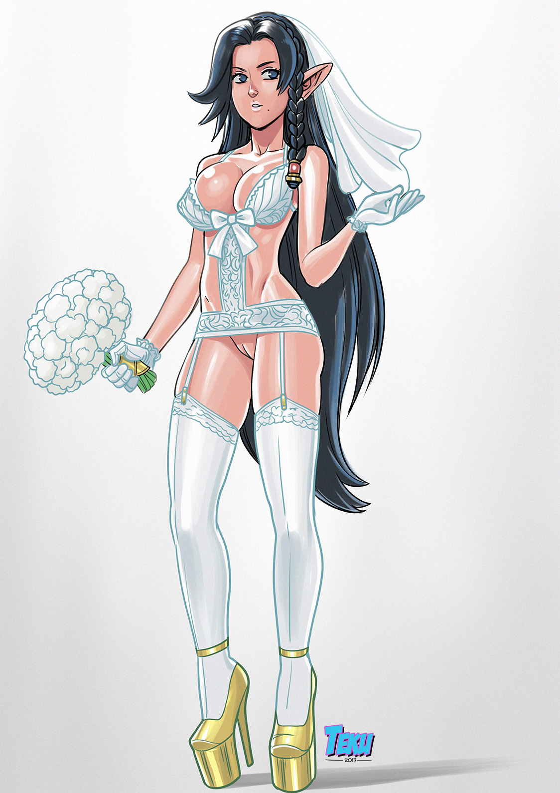 1girls, 2017, artist name, beauty mark, bimbo, black hair, bouquet, braid, breasts, bridal veil, bride, cleavage, covered breasts, dated, dress, elf, female, female only, flower, full body, garter straps, gloves, high heels, high resolution, large breasts, legwear, lingerie, lipstick, long hair, makeup, mole, no bra, no panties, nopan, oc, original, original character, platform heels, pointy ears, pussy, revealing clothes, shoes, simple background, solo, standing, stockings, strap, tekuho, thighhighs, tied hair, underwear, vagina, veil, very long hair, voluptuous, wedding dress, wedding veil, white background, white legwear, white stockings, white thighhighs