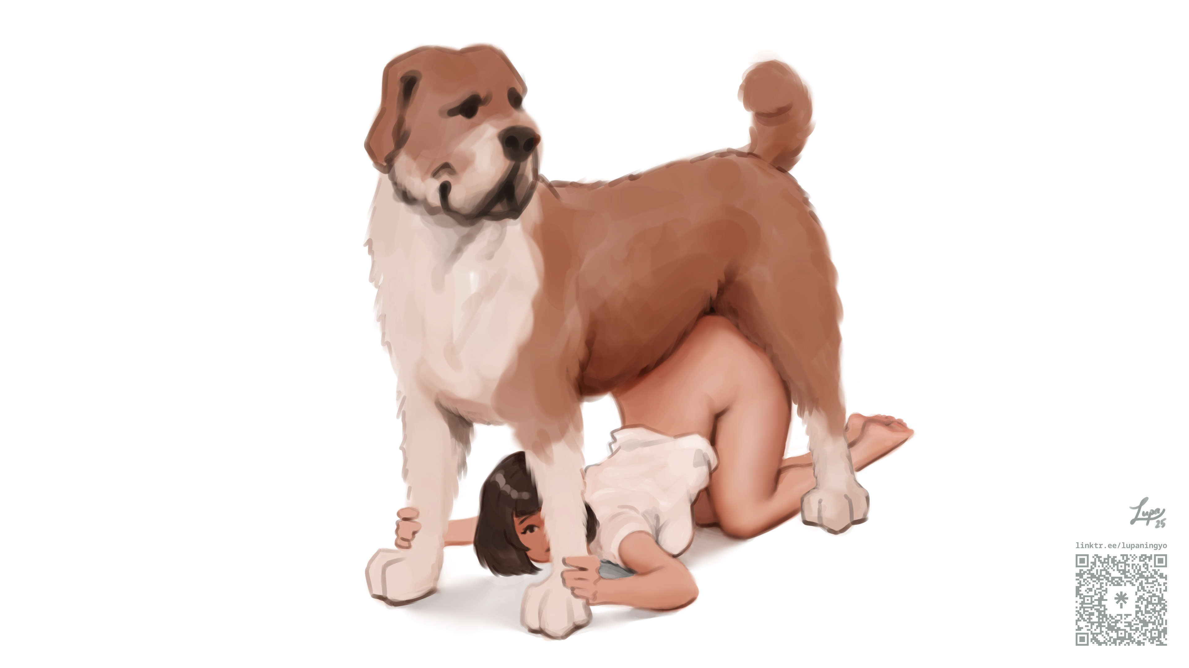 1dog, 1girls, all fours, animal, bestiality impregnation, big breasts, breasts, breeding, brown hair, canid, canine, child bearing hips, covered breasts, dog, doggy style, domestic dog, face down ass up, female, female on feral, feral, feral dominating human, feral on female, feral on human, feral penetrating human, hiding, holding legs, human, human female, human on feral, imminent bestiality, implied penetration, interspecies, interspecies impregnation, interspecies sex, knotting, literal doggy style, looking at viewer, lupaningyo, male, mastiff, qr code, short hair, short-haired female, signature, simple background, thick thighs, white background, white shirt, zoophilia