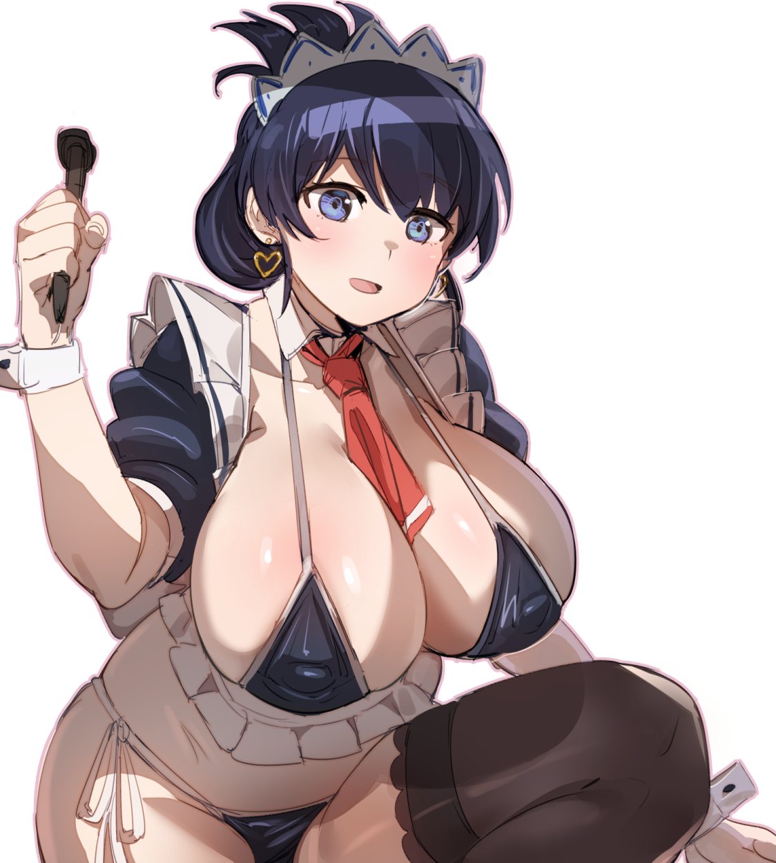 apron, arato nagi, between breasts, bikini, black bikini, black hair, black thighhighs, bow (bhp), breasts, covered erect nipples, detached collar, earrings, female, folded ponytail, hammer, heart, heart earrings, highres, jewelry, lace, lace trim, lace-trimmed thighhighs, large breasts, long hair, maid, maid bikini, maid headdress, necktie, necktie between breasts, red necktie, ruri no houseki, swimsuit, thighhighs, unconventional maid, waist apron, wrist cuffs