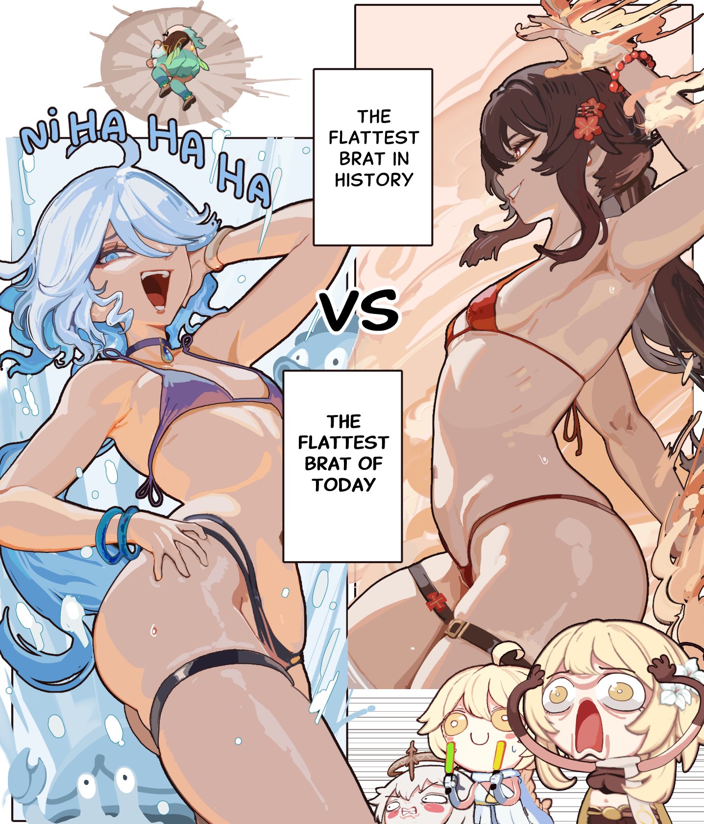 1boy, 2girls, 4girls, aether (genshin impact), aether (genshin impact) (cosplay), bikini, blue hair, breasts, brother and sister, brown hair, cosplay, english text, female, firefly (honkai: star rail), flat chest, flower, flower in hair, furina (genshin impact), genshin impact, hair over one eye, highres, honkai: star rail, hu tao (genshin impact), kinohara kossuta, light blue hair, light skin, light-skinned female, light-skinned male, lumine (genshin impact), lumine (genshin impact) (cosplay), mademoiselle crabaleta (genshin impact), male, meme, micro bikini, open mouth, paimon (genshin impact), small breasts, swimsuit, text, yamcha death pose