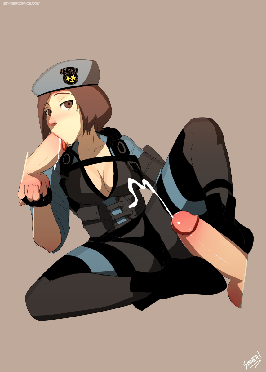 beret, brown eyes, brown hair, capcom, cleavage, cum, disembodied penis, ejaculation, fellatio, female, footjob, jill valentine, jill valentine (julia voth), male, oral, penis, resident evil, short hair, sillygirl, sinner