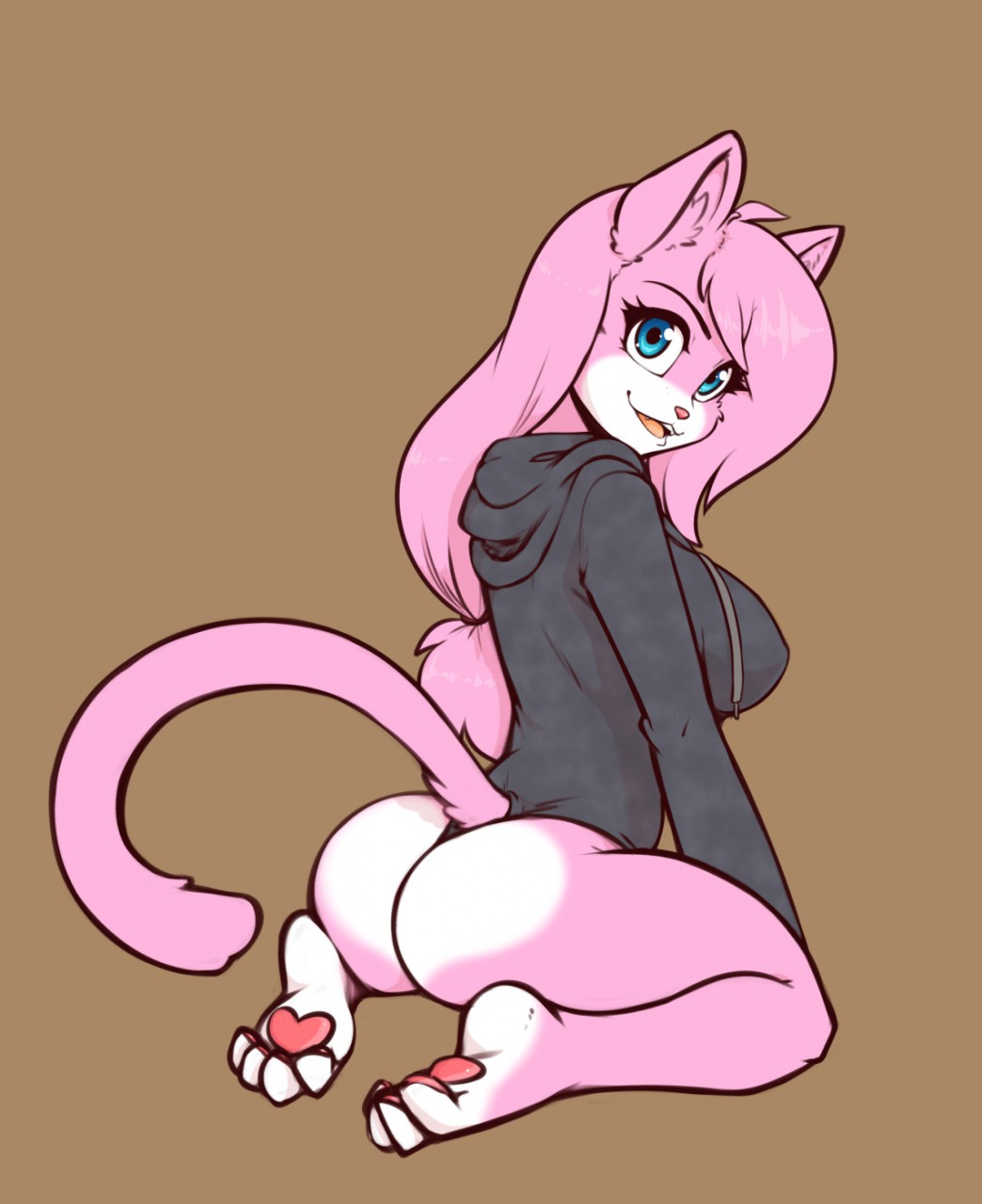 1girls, aeris (vg cats), anthro, ass, barefoot, blue eyes, cat girl, catgirl, feline, female, female only, furry, hoodie, kneeling, looking at viewer, scorpdk, smile, solo, tail, vg cats, webcomic