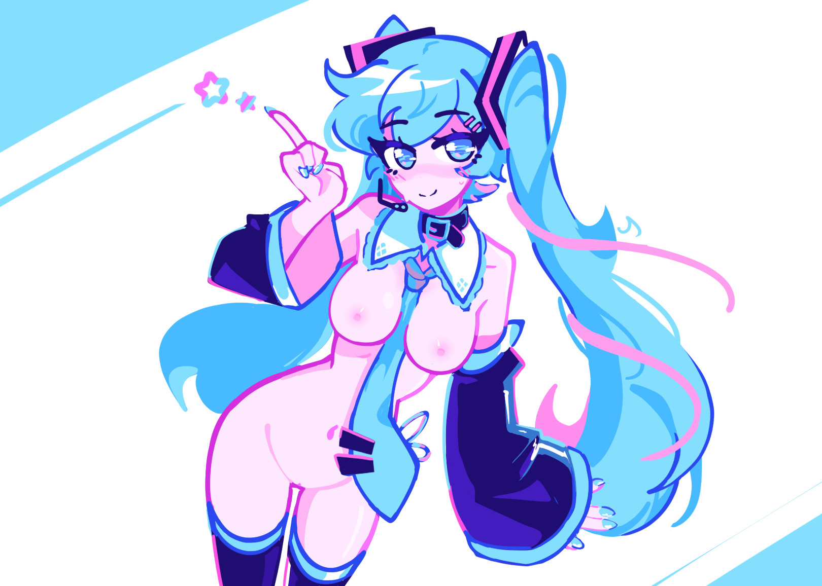 1girl, aqua hair, between breasts, blue eyes, blue hair, bottomless, breasts, collar, detached sleeves, dizzyisdizzy, female, hatsune miku, index finger raised, long hair, looking at viewer, medium breasts, navel, necktie, necktie between breasts, nipples, nude, partially clothed, pinup, smile, solo, tagme, thighhighs, tie, topless, twintails, very long hair, vocaloid