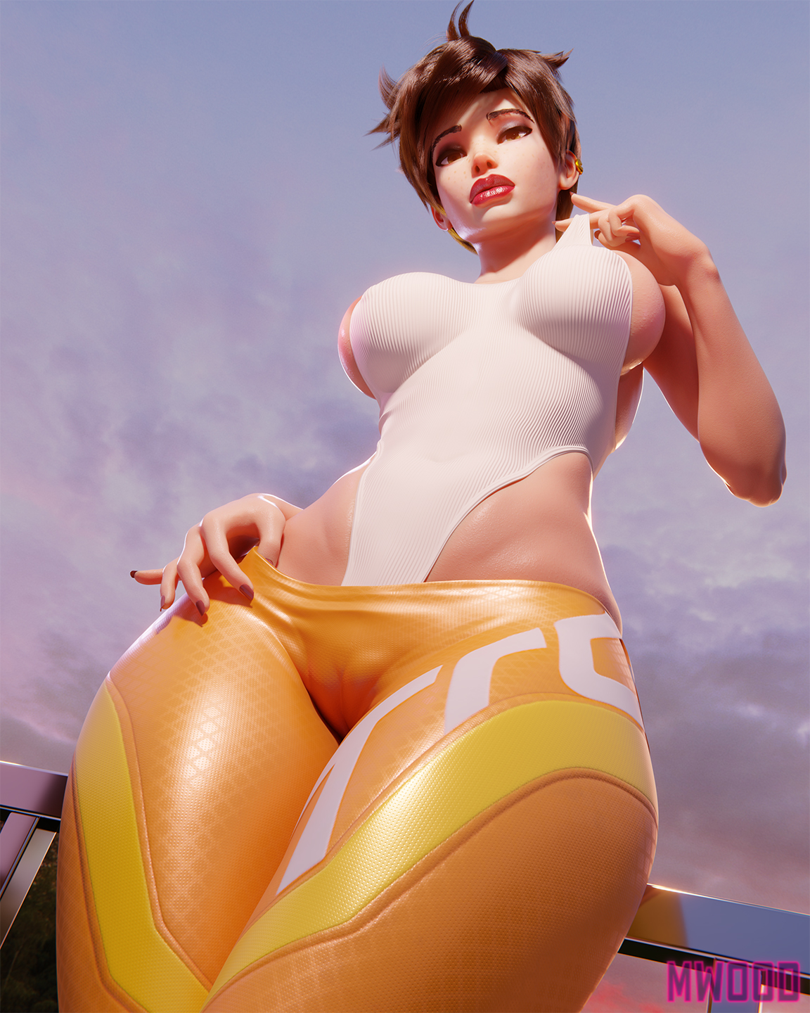 1girls, 3d, 3d (artwork), artist name, blizzard entertainment, bubble butt, cameltoe, child bearing hips, clothed female, clothing, curvaceous female, female, female focus, female only, highleg leotard, hourglass figure, huge ass, huge breasts, large ass, large breasts, leggings, leotard, light skin, light-skinned female, mwood, overwatch, pale skin, pale-skinned female, short hair, solo, solo focus, thick thighs, toned, toned female, tracer, tracer (overwatch 2 suit), video game, video game character, video game franchise, viewed from below, watermark, wide hips