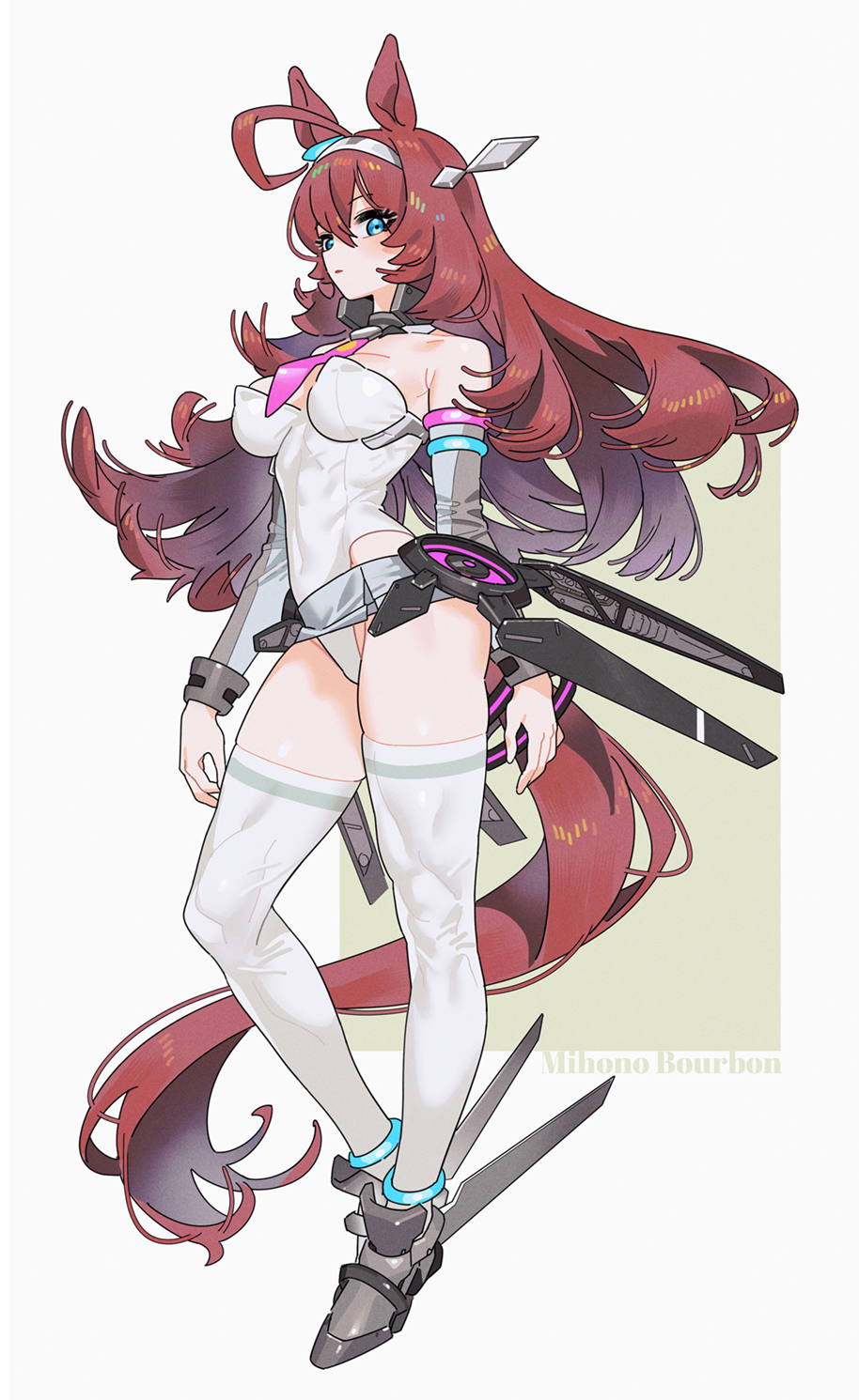 adapted costume, ahoge, auburn hair, blue eyes, breasts, brown hair, detached sleeves, female, female only, full body, hairband, horse ears, horse girl, horse tail, kemonomimi, leotard, long hair, looking at viewer, medium breasts, mihono bourbon (umamusume), muscular, muscular thighs, necktie, sarcophage, solo, standing, thighhighs, umamusume, umamusume pretty derby, white legwear, white leotard, white thighhighs