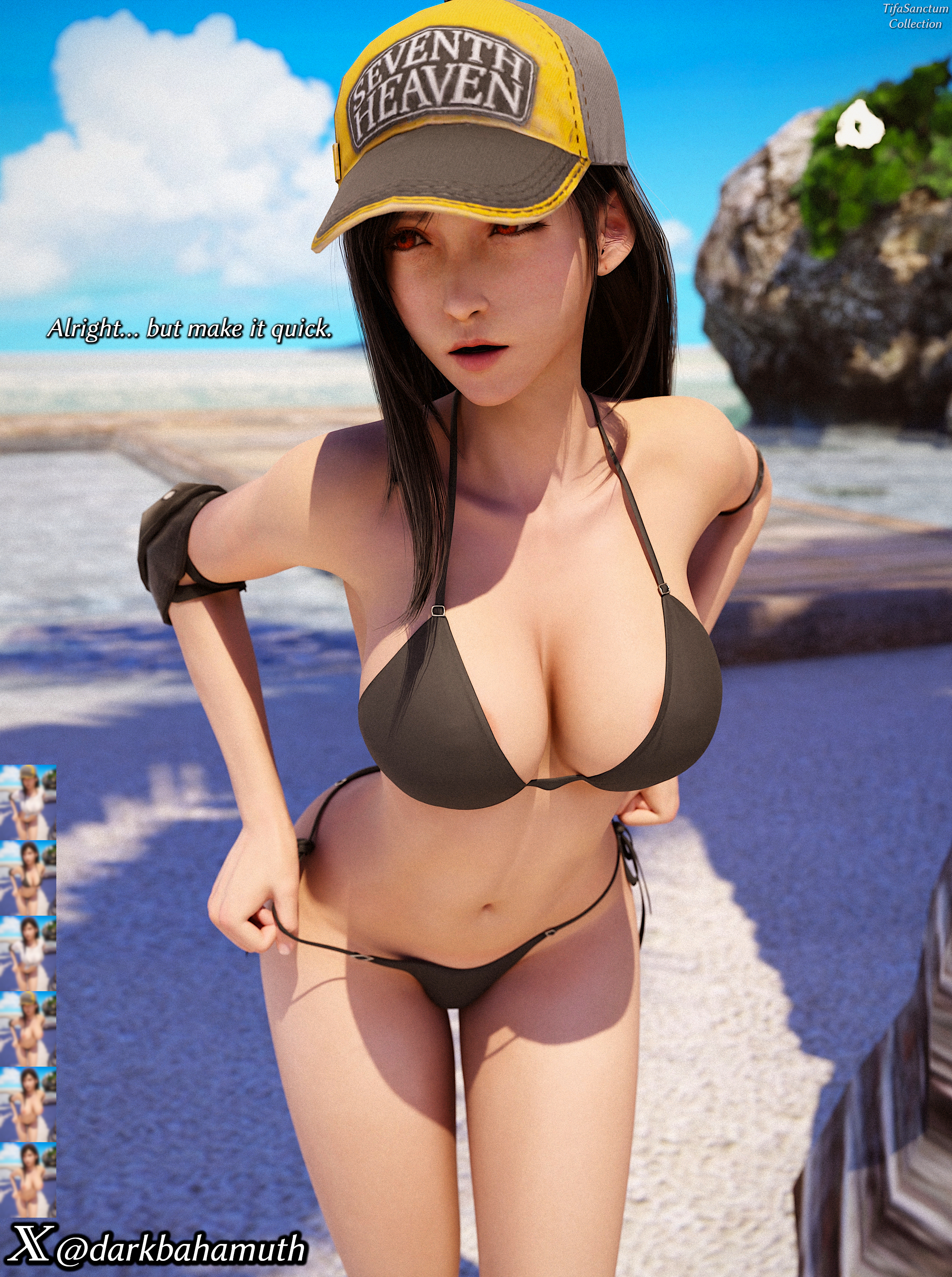 3d, 3d (artwork), beach, belly, big breasts, bikini, breasts, darkbahamuth, female, final fantasy, final fantasy vii, midriff, pinup, tifa lockhart, undressing