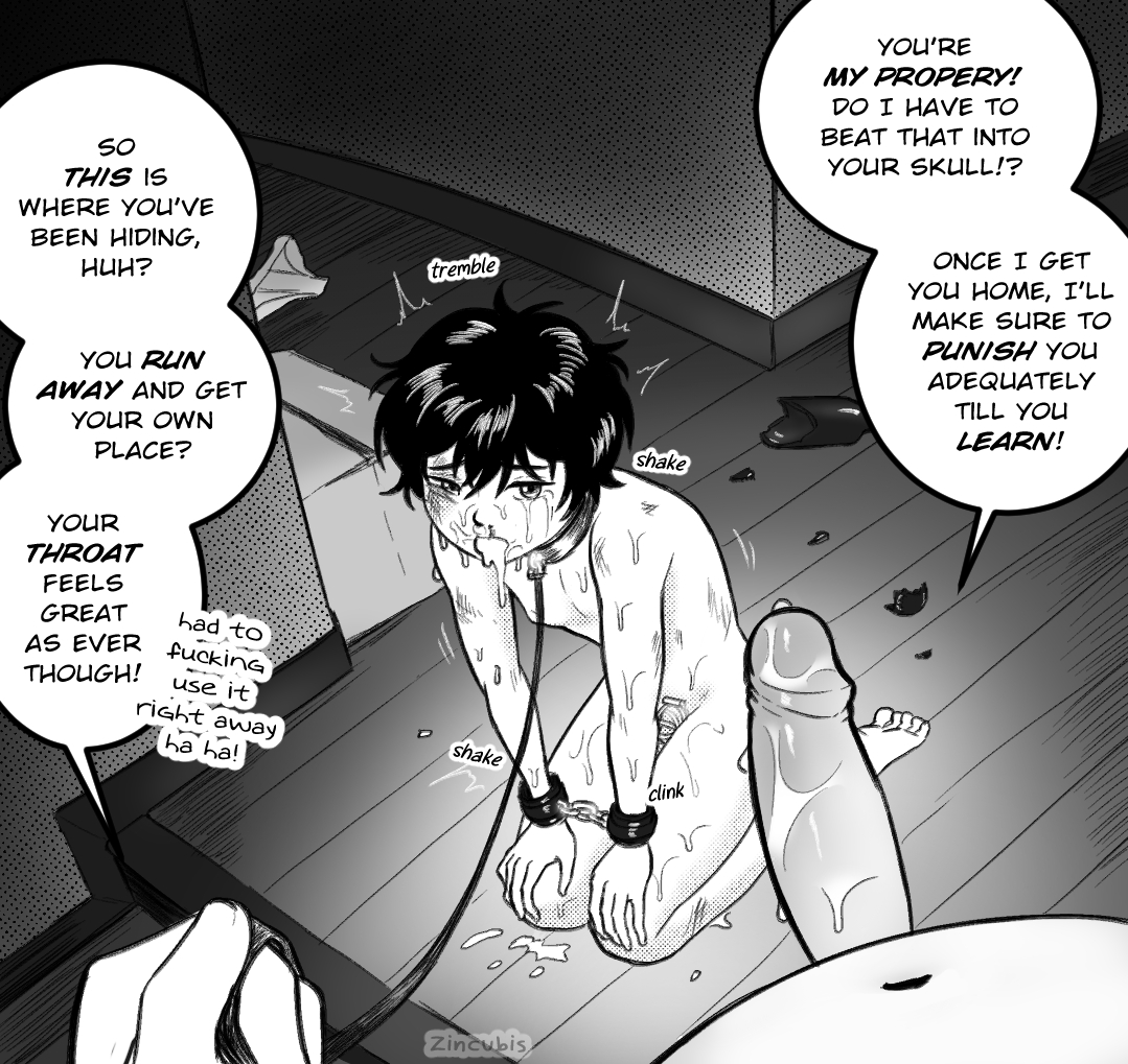 2boys, abuse, abusive relationship, after oral, cock cage, collar, domestic abuse, domestic violence, femboy, gay, handcuffs, kei (zincubis), leash, lucky i'm not you, male, octopus6969z, penis, rape, twink, yaoi, young, zincubis