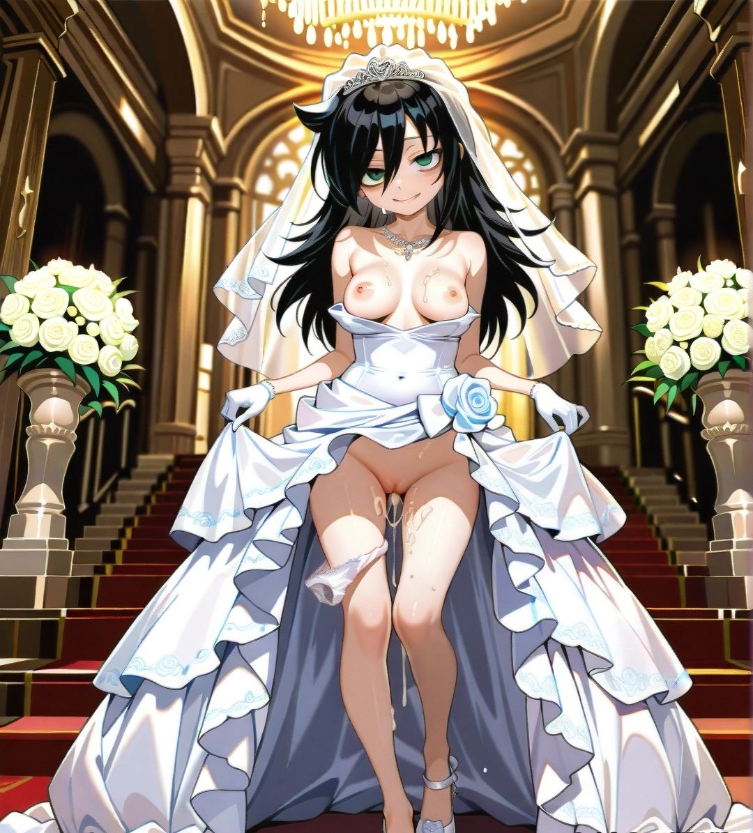 1girls, after sex, after vaginal, ai generated, black hair, breasts, breasts out, dark hair, dress, female, female only, flowers, green eyes, kuroki tomoko, leaking cum, long hair, pussy, seductive, seductive smile, teenage breasts, teenage girl, teenage tits, tomoko kuroki, watashi ga motenai no wa dou kangaetemo omaera ga warui!, wedding dress, white dress, white panties