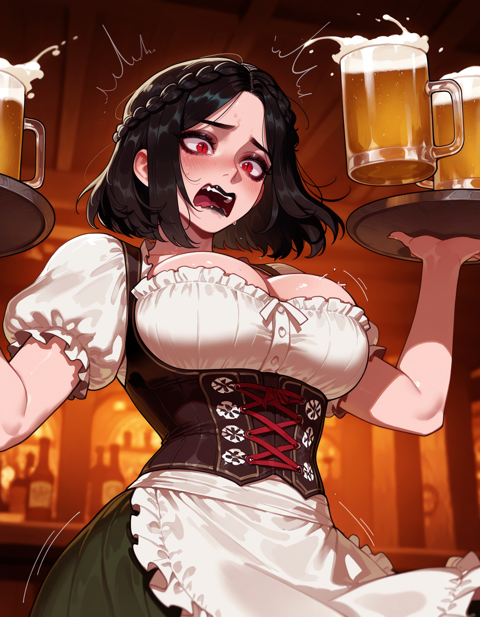1girls, ai generated, alcohol, apron, balecxi, bar (place), beer, beer mug, black hair, blush, bodice, bottle, braid, breasts, cleavage, clothing, corset, crown braid, cup, curvaceous, curvaceous female, curvaceous figure, curvy, curvy figure, dirndl, dress, drink, eyeshadow, fangs, female, female focus, female only, french braid, frills, german clothes, green skirt, holding, holding tray, indoors, large breasts, looking down, maid, makeup, medium hair, mole, mug, open mouth, puffy short sleeves, puffy sleeves, red eyes, serana, sharp teeth, shirt, short hair, short sleeves, skirt, skyrim, solo, surprised, teeth, the elder scrolls, the elder scrolls v: skyrim, tongue, tray, trembling, underbust, vampire, vampire girl, voluptuous, voluptuous female, waist apron, waitress, white apron
