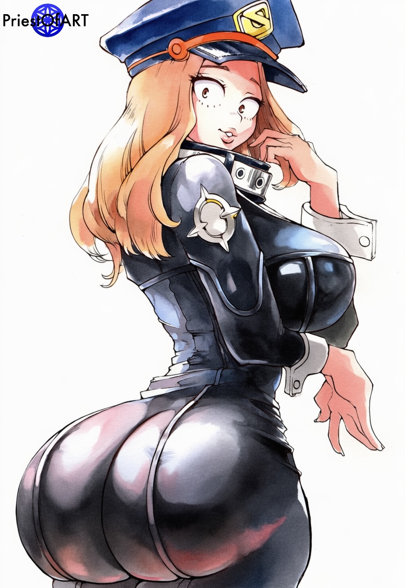 1girls, ai generated, black latex, blonde hair, blonde-haired female, boku no hero academia, camie utsushimi, female, female only, hat, huge ass, latex, latex suit, looking back, my hero academia, narrow waist, priestofart, shiny, shiny clothes, simple background, solo, solo female, thick thighs, watercolor, watercolor (artwork), watermark, white background, wide hips