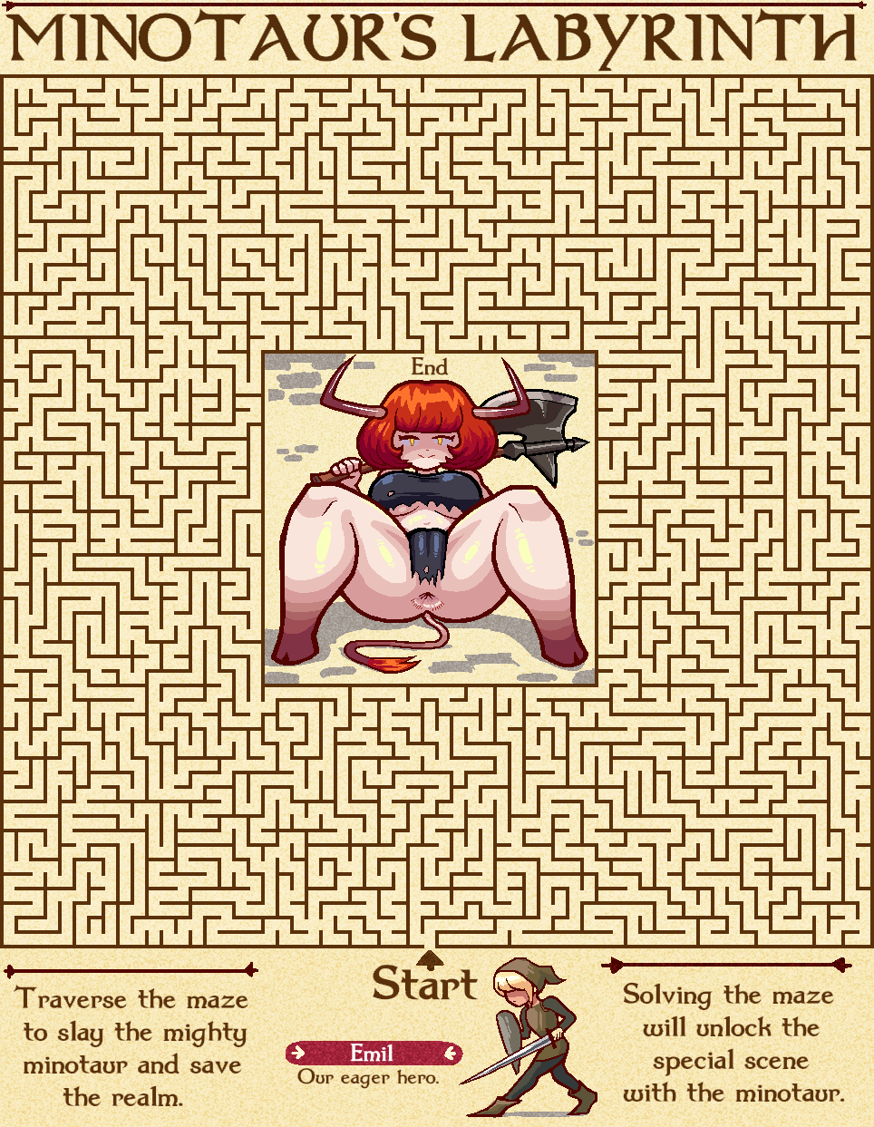 1boy, 1girls, 2025, anal, anal invitation, anal request, anal sex, anal suggest, anus, ass, axe, blonde-haired male, breasts, dialogue, erika (valmar), faceless male, female, game, hat, hooves, horns, imminent anal, loincloth, male, maze, minotaur, presenting, pussy, pussy covered, puzzle, red hair, spread legs, sword, tail, thick thighs, thighs, underboob, valmar, yellow eyes