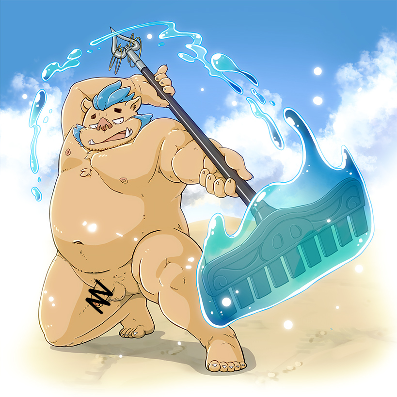 anthro balls beach belly blue_hair boar censored clothing facial_hair foreskin fupa gouryou hair kneeling male male_only mammal melee_weapon musclegut muscular muscular_male navel nipples nude overweight overweight_male penis polearm porcine rake seaside sideburns solo swimsuit tokyo_afterschool_summoners water weapon おもちをたくさん