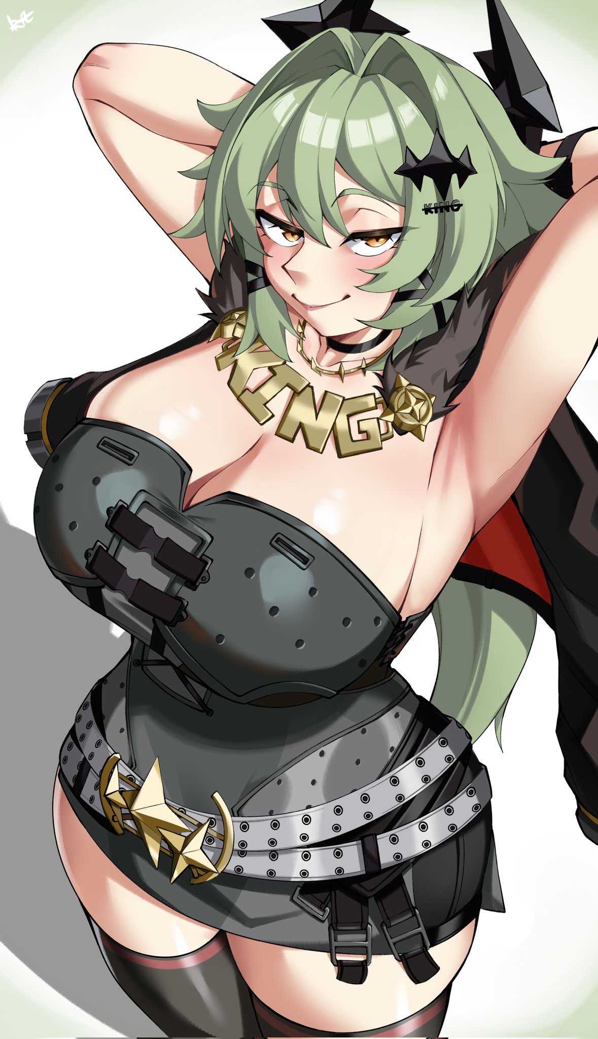 1girls, armpits, arms behind head, arms up, bangs, belt, big breasts, black legwear, breasts, caesar king, caesar king (zenless zone zero), clarkekitsp, cleavage, dress, female, female only, green hair, hair ornament, huge breasts, jewelry, long hair, looking at viewer, smile, solo, tagme, thighhighs, thighs, yellow eyes, zenless zone zero